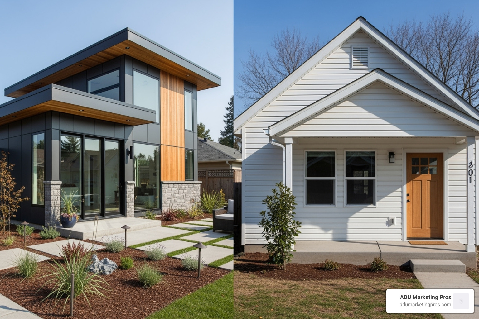 Luxury custom ADU on one side and a simple, standard-plan ADU on the other - 800 sq ft adu cost Luxury custom ADU on one side and a simple, standard-plan ADU on the other - 800 sq ft adu cost