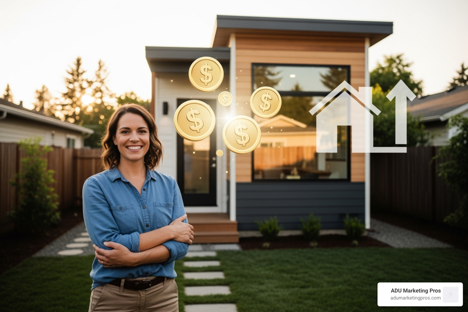Homeowner smiling while looking at their newly built ADU, with rental income and property value icons floating nearby - 800 sq ft adu cost Homeowner smiling while looking at their newly built ADU, with rental income and property value icons floating nearby - 800 sq ft adu cost