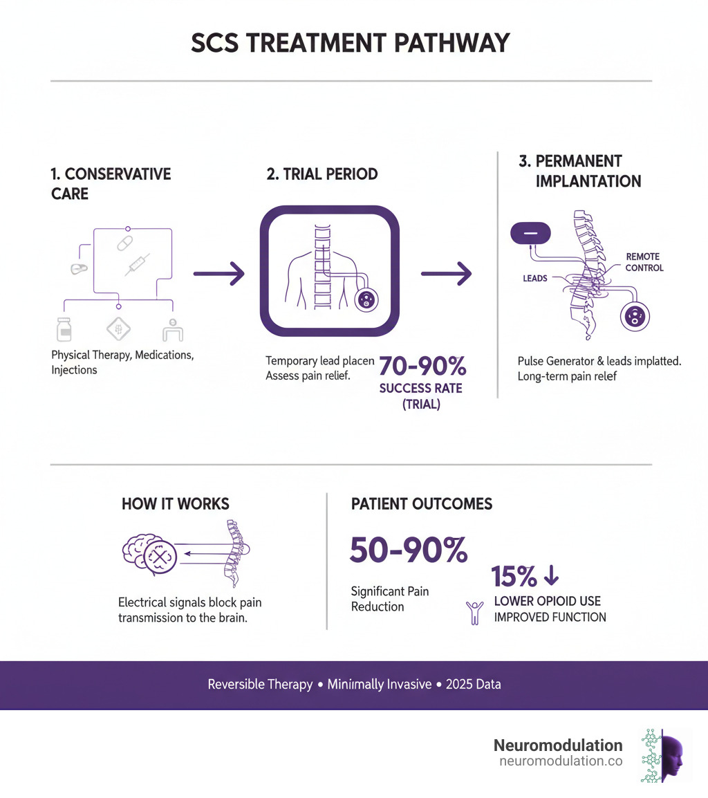 Comprehensive infographic showing the SCS treatment pathway from conservative care through trial period to permanent implantation, including device components (pulse generator, leads, remote control), placement in epidural space, and how electrical signals block pain transmission to the brain, with success metrics and patient outcomes displayed - SCS for back pain infographic 