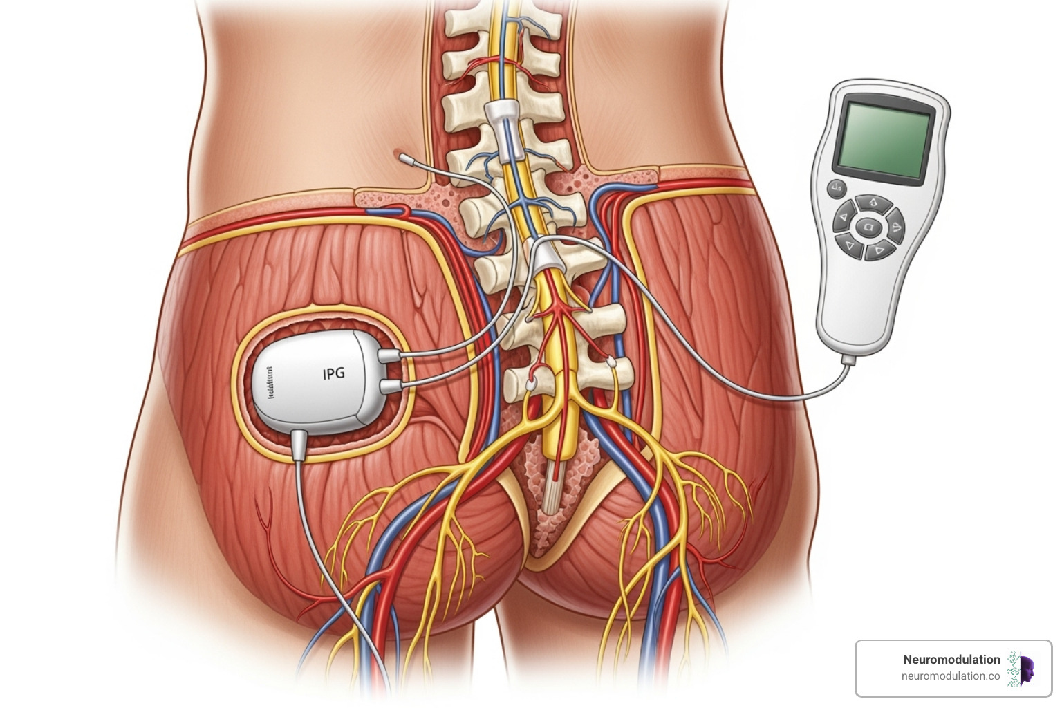 Illustration of SCS system components: implantable pulse generator (IPG), spinal leads in epidural space, and patient remote control - SCS for back pain