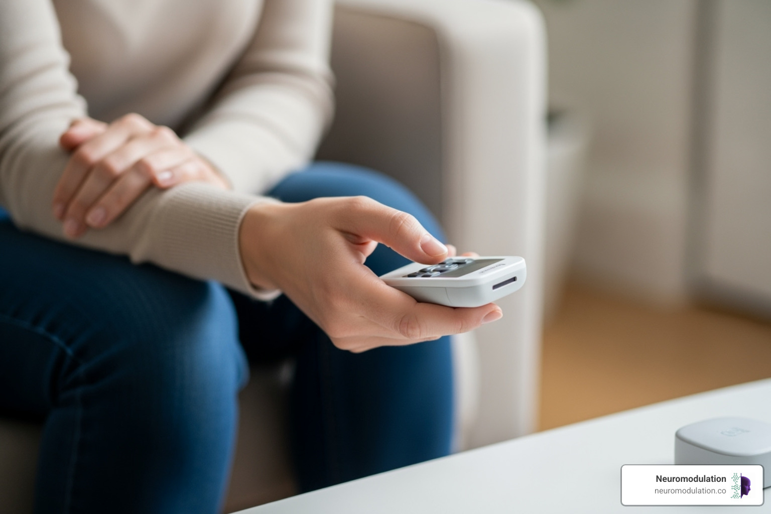 Person discreetly using an SCS remote control - SCS for back pain