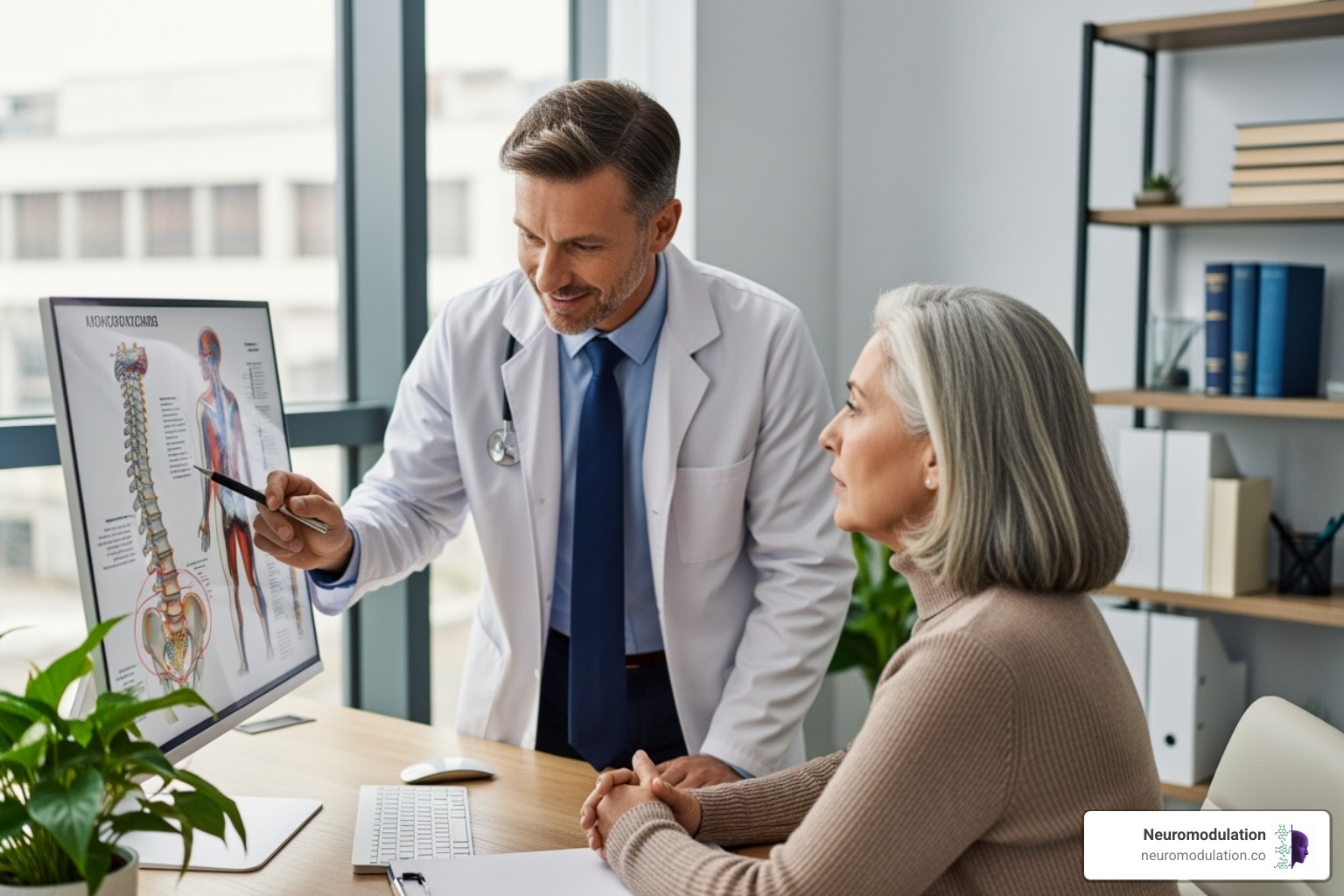 Doctor consulting with a patient about back pain and SCS - SCS for back pain