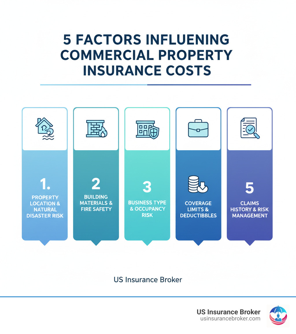 Infographic showing the top 5 factors that influence commercial property insurance costs: 1) Property location and natural disaster risk, 2) Building construction materials and fire safety features, 3) Business type and occupancy risk level, 4) Coverage limits and deductible amounts, 5) Claims history and risk management practices - commercial real estate insurance cost infographic 