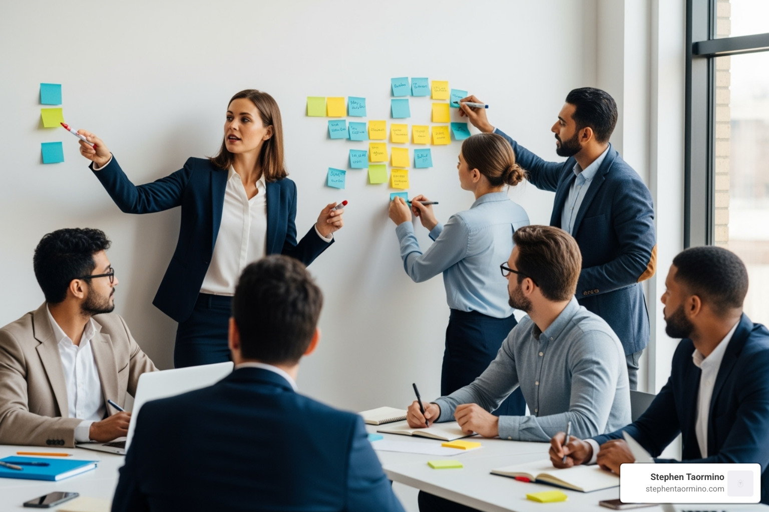 Facilitator guiding a discussion with sticky notes - facilitation training