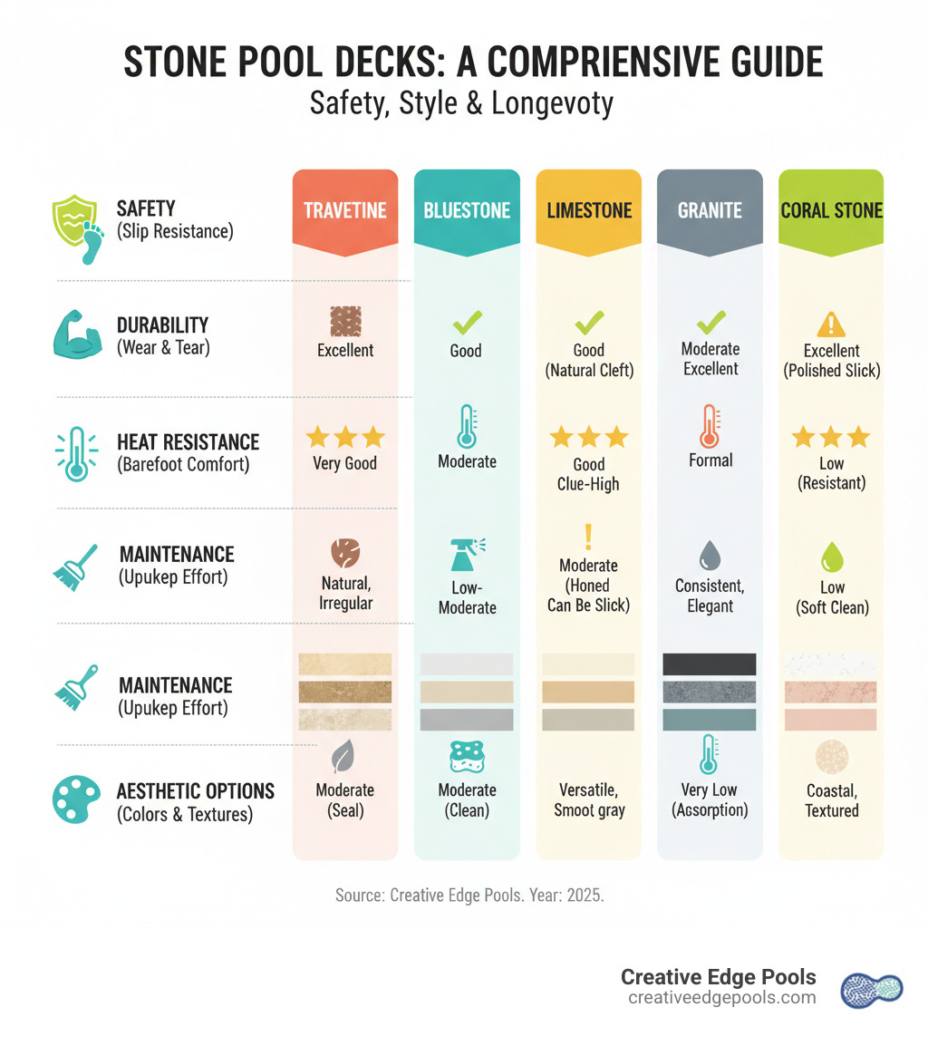 Comprehensive guide to stone pool deck selection showing safety factors, durability ratings, heat resistance levels, maintenance requirements, and aesthetic options for different stone types including travertine, flagstone, bluestone, limestone, granite, and coral stone - stone pool decks infographic Comprehensive guide to stone pool deck selection showing safety factors, durability ratings, heat resistance levels, maintenance requirements, and aesthetic options for different stone types including travertine, flagstone, bluestone, limestone, granite, and coral stone - stone pool decks infographic