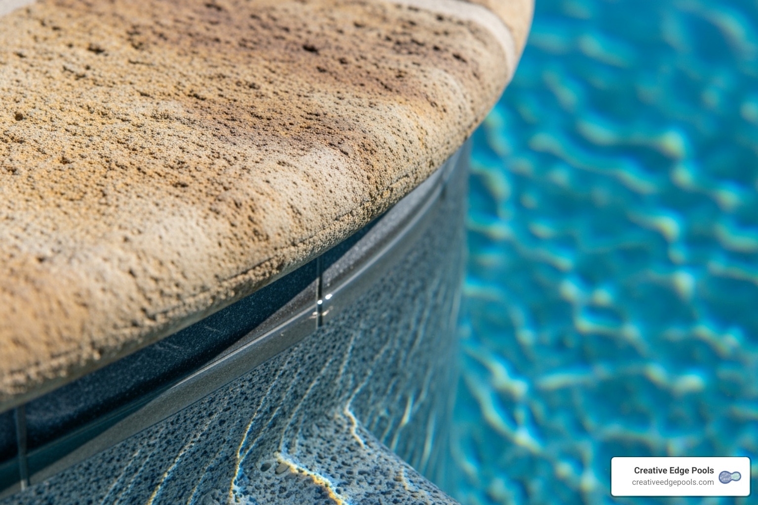 detailed shot showing a bullnose coping edge meeting the water of a gunite pool - stone pool decks detailed shot showing a bullnose coping edge meeting the water of a gunite pool - stone pool decks