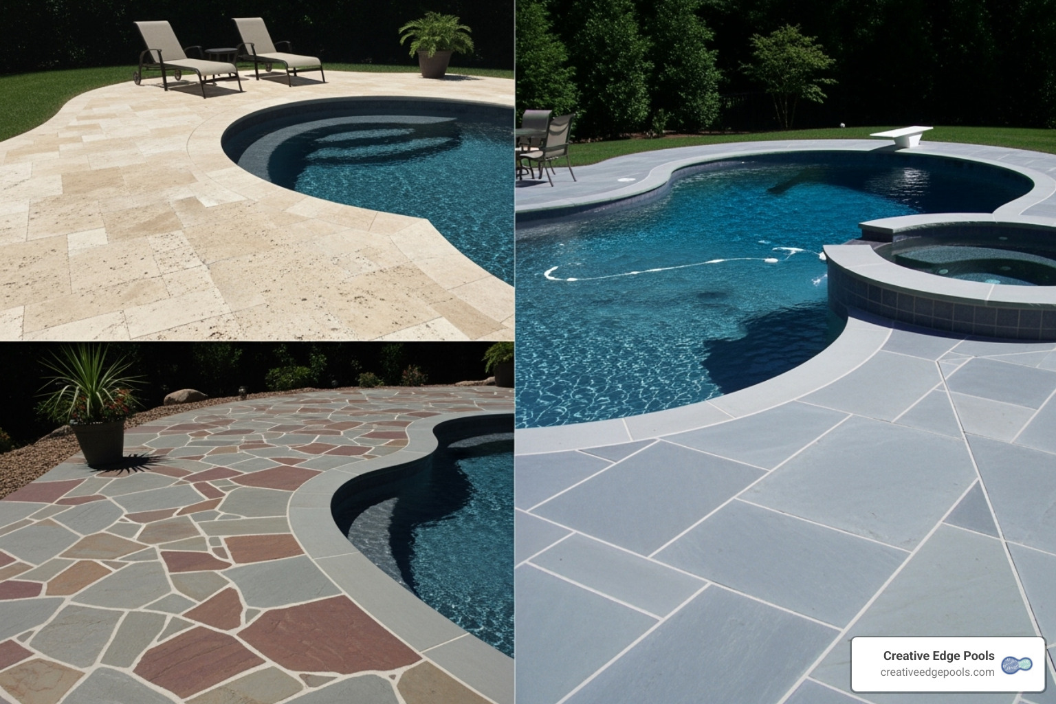 collage showing different stone types like Travertine, Flagstone, and Bluestone around gunite pools - stone pool decks collage showing different stone types like Travertine, Flagstone, and Bluestone around gunite pools - stone pool decks