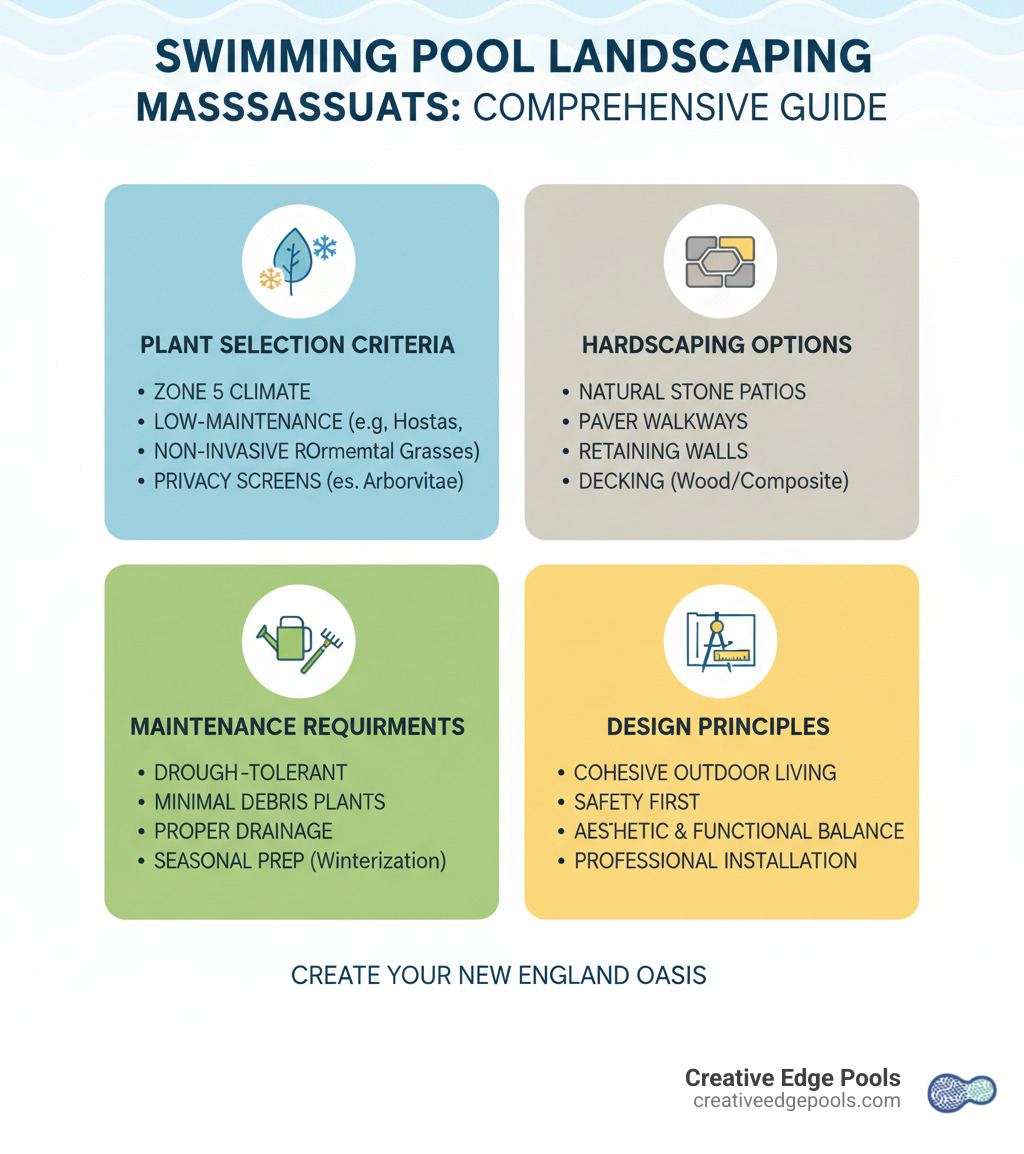 Comprehensive guide to Swimming Pool Landscaping Massachusetts showing plant selection criteria, hardscaping options, maintenance requirements, and design principles for creating beautiful and functional pool areas in Massachusetts climate zones - Swimming Pool Landscaping Massachusetts infographic Comprehensive guide to Swimming Pool Landscaping Massachusetts showing plant selection criteria, hardscaping options, maintenance requirements, and design principles for creating beautiful and functional pool areas in Massachusetts climate zones - Swimming Pool Landscaping Massachusetts infographic
