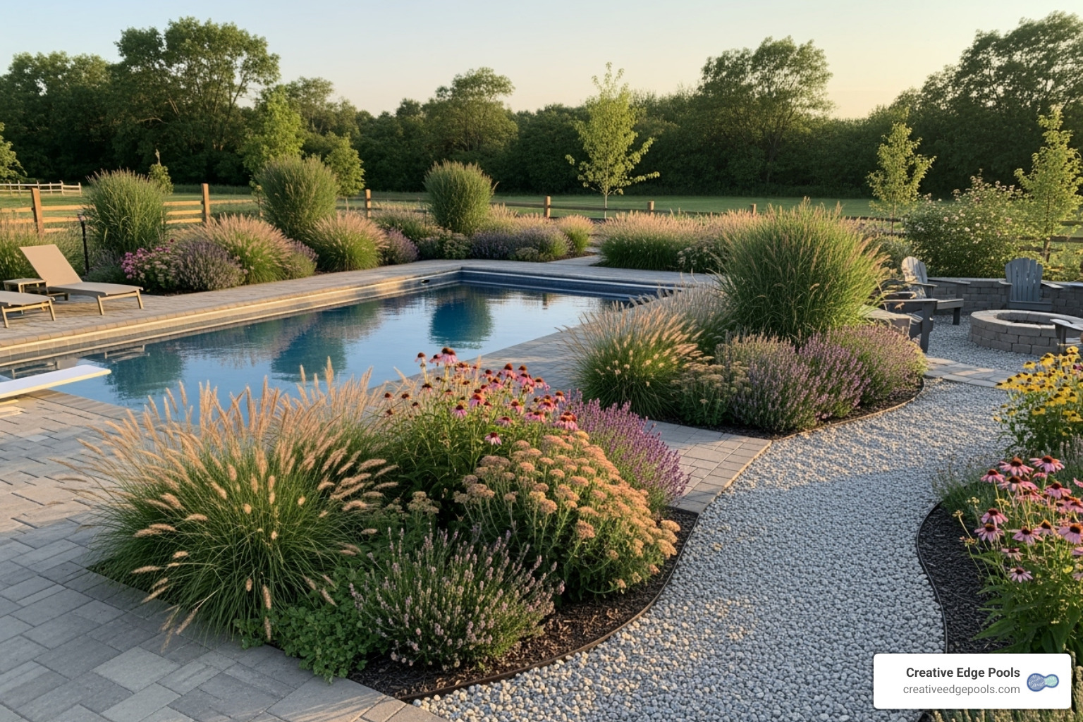 Budget-friendly pool landscape with native grasses and gravel - Swimming Pool Landscaping Massachusetts Budget-friendly pool landscape with native grasses and gravel - Swimming Pool Landscaping Massachusetts