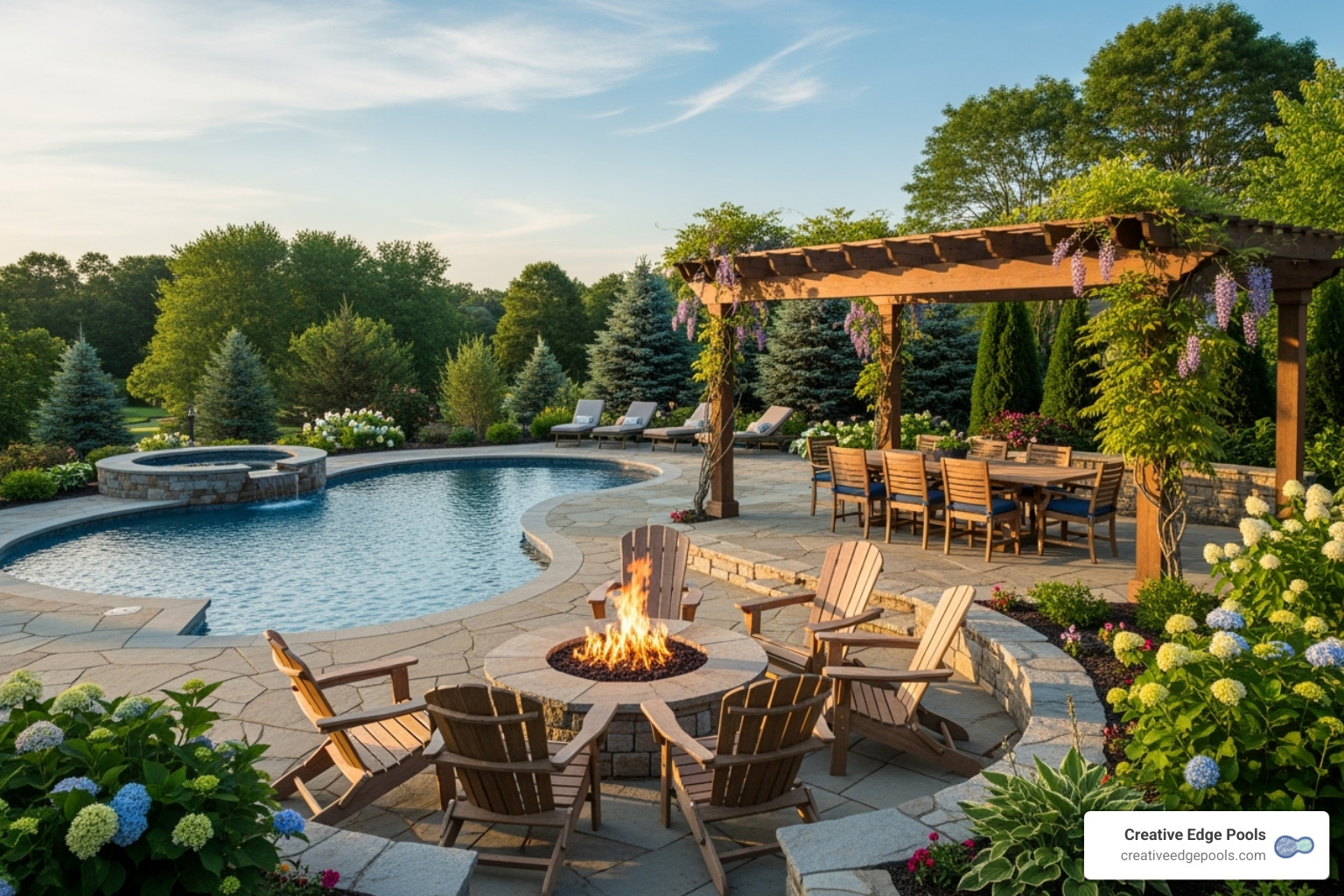 Integrated pool patio with fire pit and pergola - Swimming Pool Landscaping Massachusetts Integrated pool patio with fire pit and pergola - Swimming Pool Landscaping Massachusetts