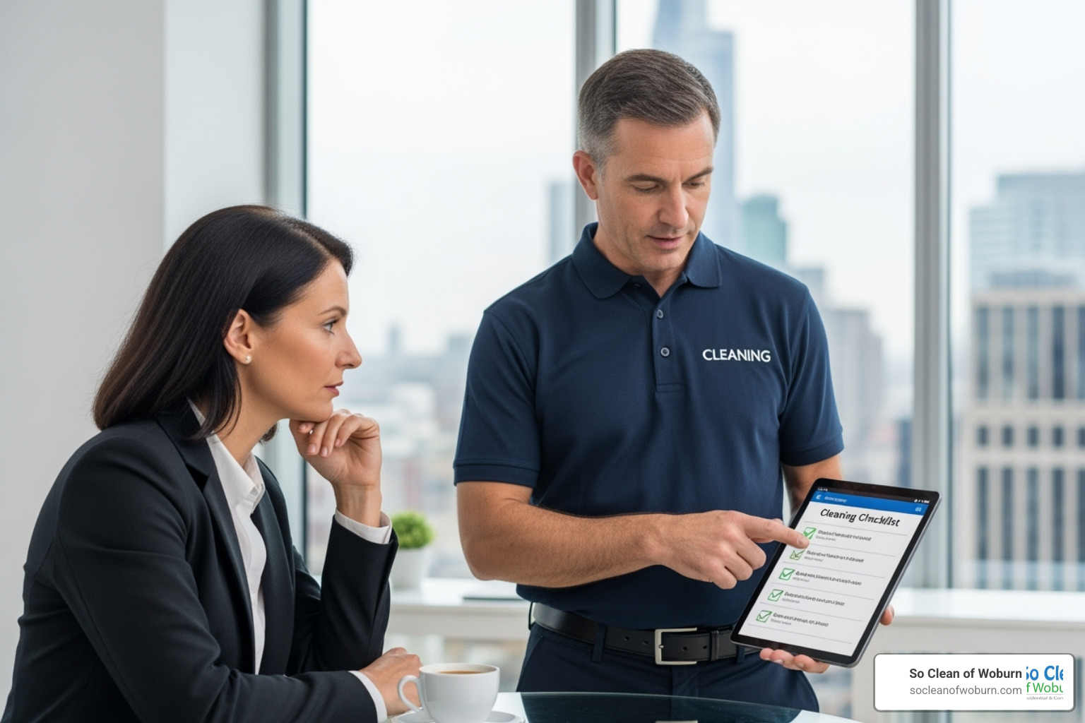 manager discussing a cleaning checklist with a client in an office - Burlington MA office cleaning