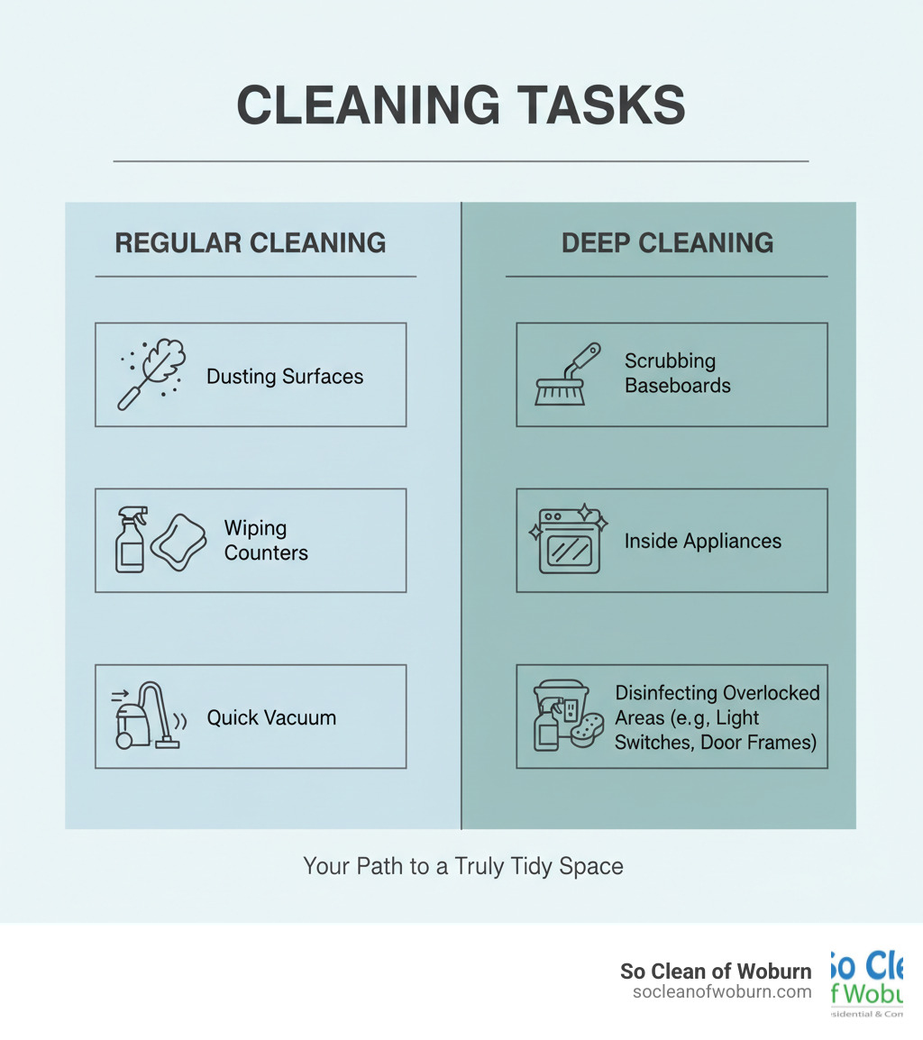 Infographic showing side-by-side comparison of regular cleaning tasks (dusting surfaces, wiping counters, quick vacuum) versus deep cleaning tasks (scrubbing baseboards, cleaning inside appliances, washing walls, disinfecting overlooked areas like light switches and door frames) - deep clean my home infographic 