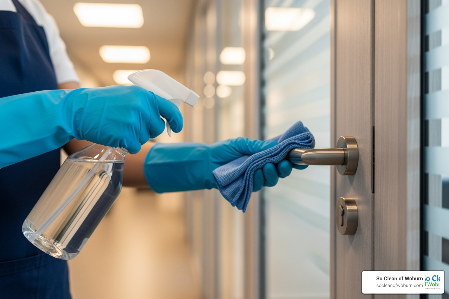 cleaning professional disinfecting a high-touch surface like a door handle - Burlington MA office cleaning