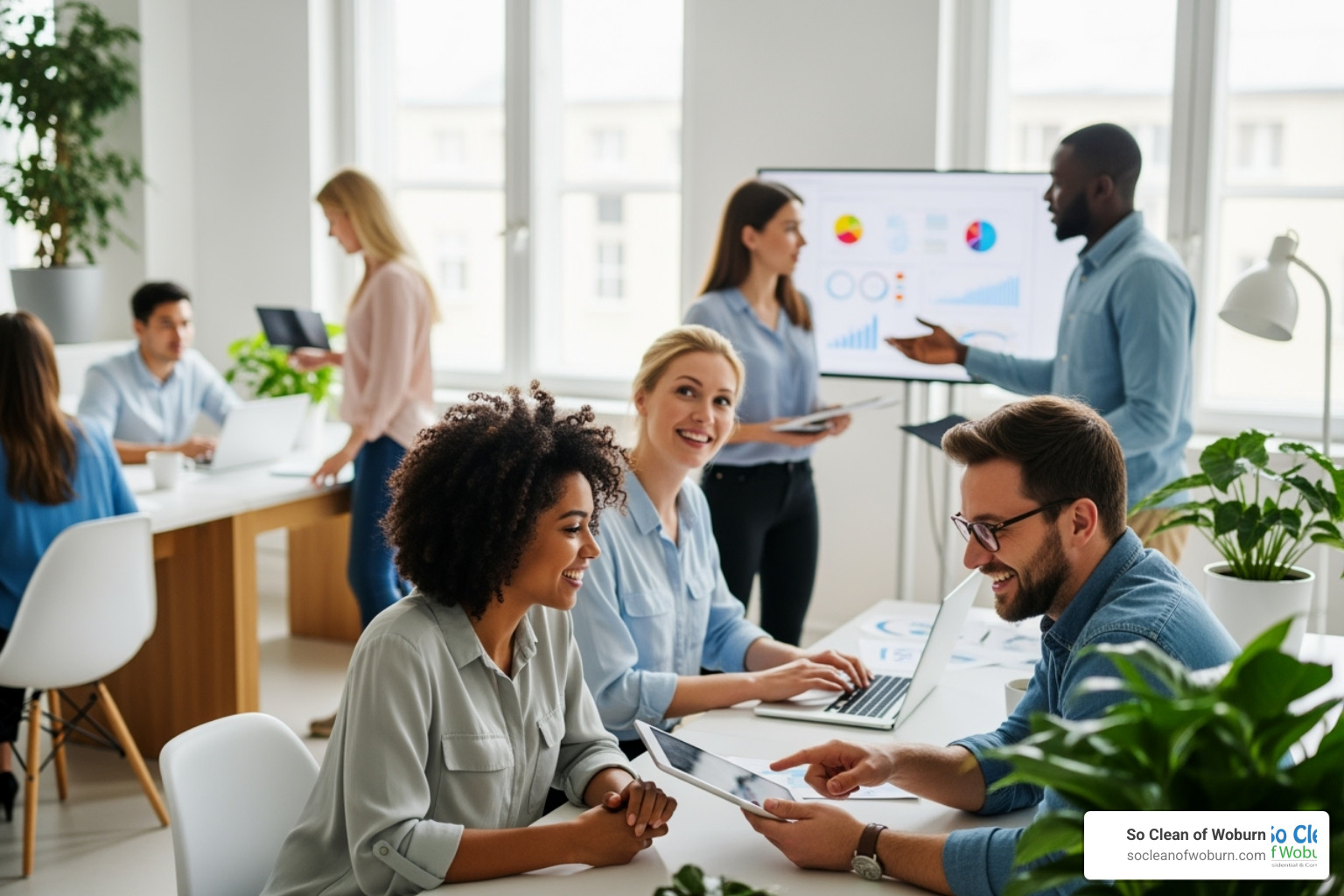 happy, productive employees in a pristine office setting - Burlington MA office cleaning
