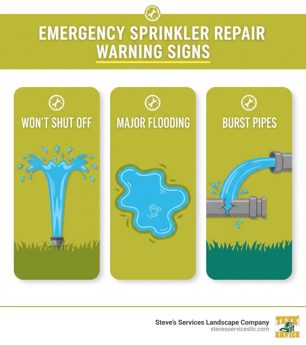 Infographic showing three critical warning signs for emergency sprinkler repair: a sprinkler head shooting water uncontrollably labeled "Won't Shut Off", a flooded lawn area labeled "Major Flooding", and a broken pipe with water gushing labeled "Burst Pipes" - 24 hour sprinkler repair infographic 