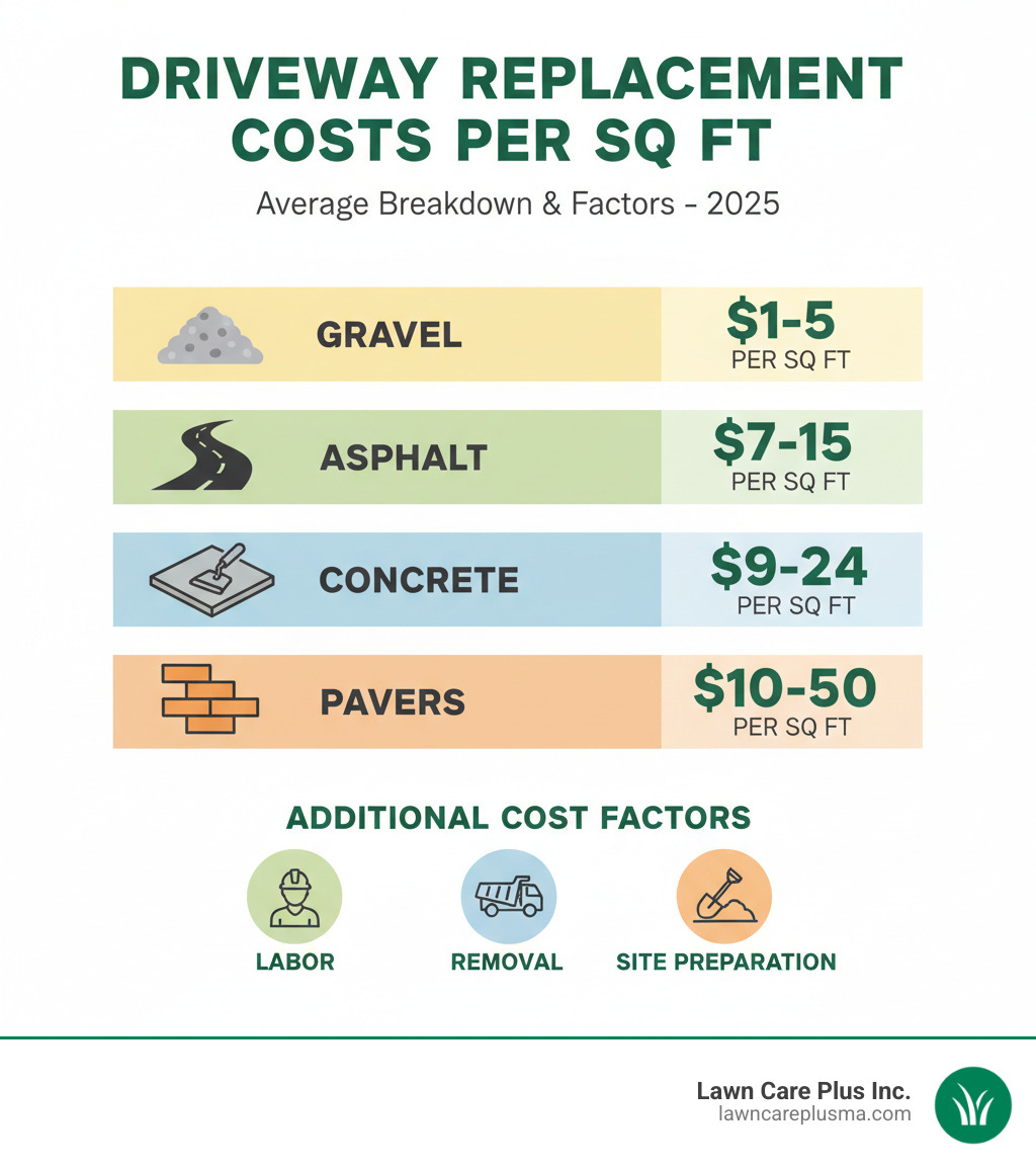 Comprehensive breakdown of average driveway replacement costs per square foot showing asphalt at $7-15, concrete at $9-24, pavers at $10-50, and gravel at $1-5, with additional cost factors including labor, removal, and site preparation - how much does it cost to replace a driveway infographic 