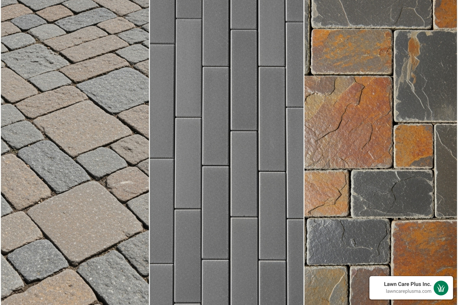 collage showing various paver styles: cobblestone, modern linear, and textured slate - Patio Pavers