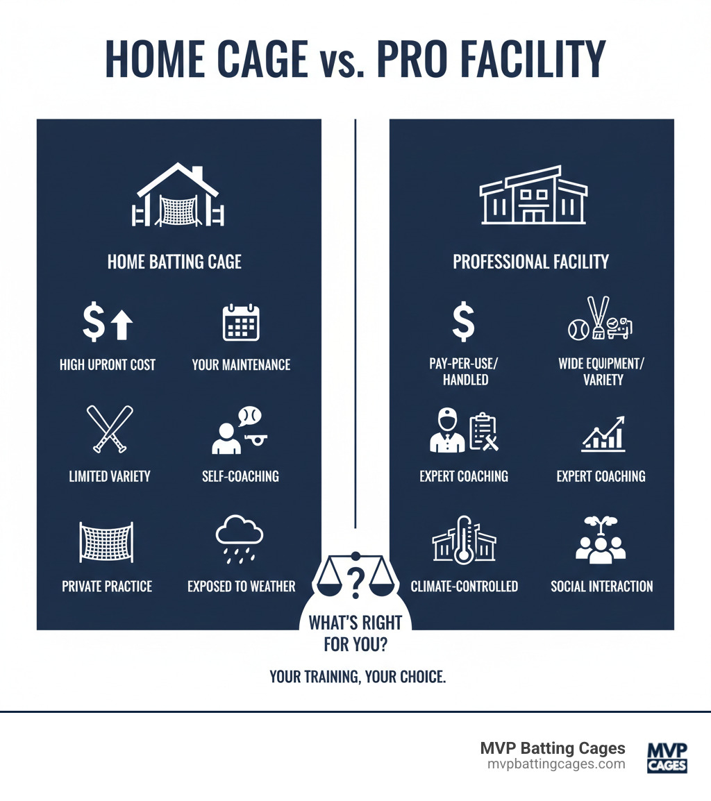 infographic comparing home batting cage vs professional facility - outdoor hitting cage infographic 