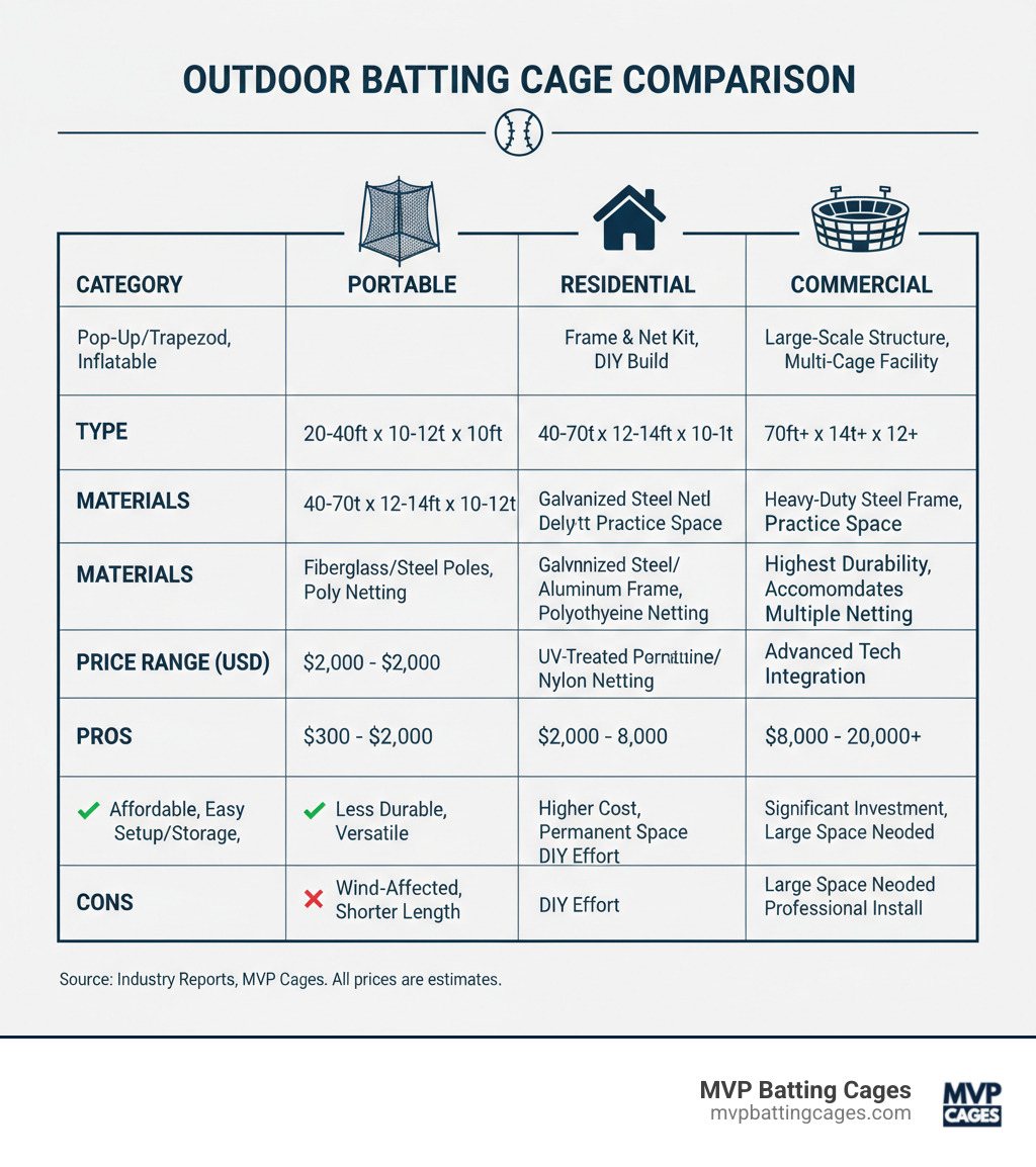 Comparison chart showing outdoor batting cage types, sizes, materials, and price ranges with pros and cons for each category - outdoor hitting cage infographic 