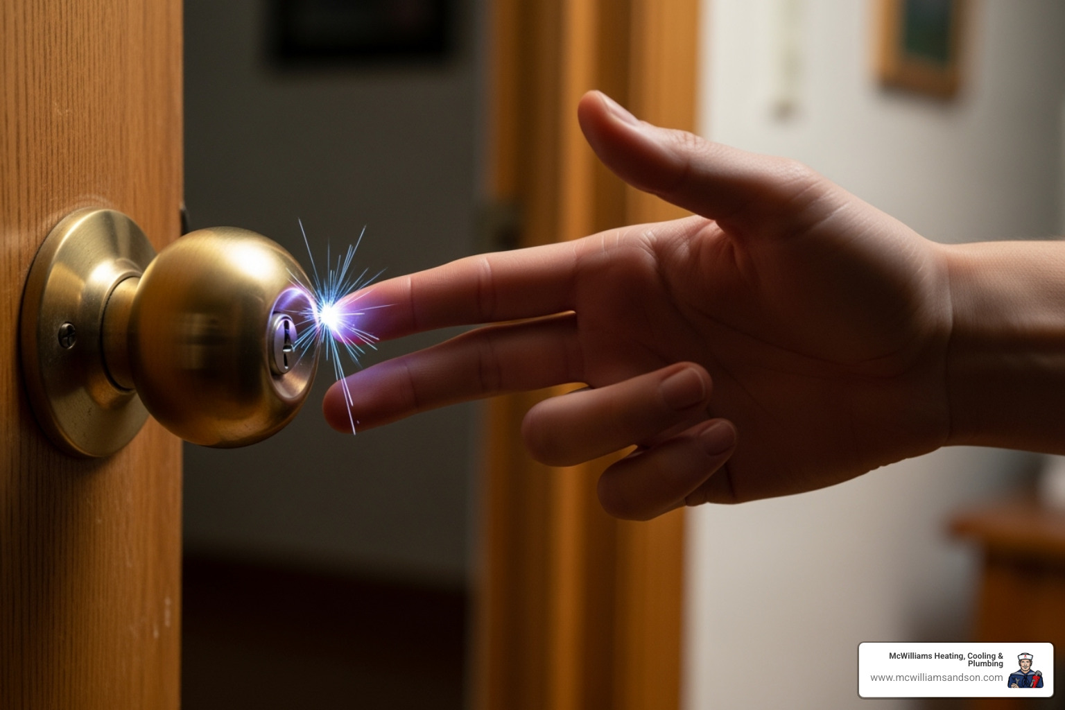 Image of a person getting a static shock from a doorknob - humidifier installation nacogdoches Image of a person getting a static shock from a doorknob - humidifier installation nacogdoches