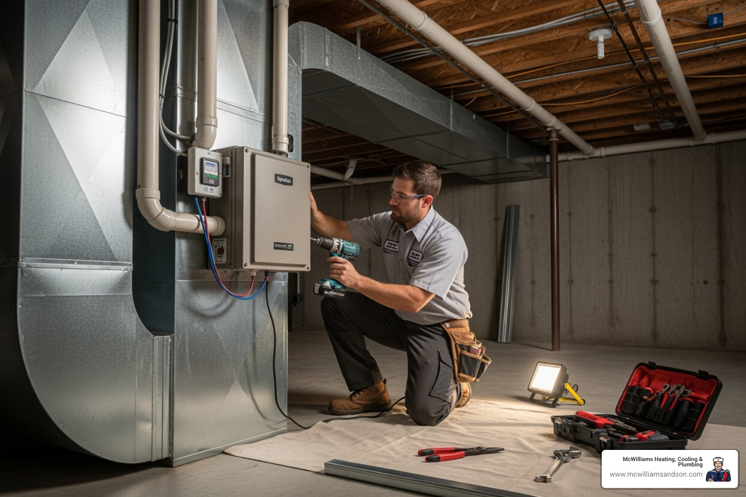 Image of a certified technician professionally installing a humidifier onto HVAC ductwork - humidifier installation nacogdoches Image of a certified technician professionally installing a humidifier onto HVAC ductwork - humidifier installation nacogdoches