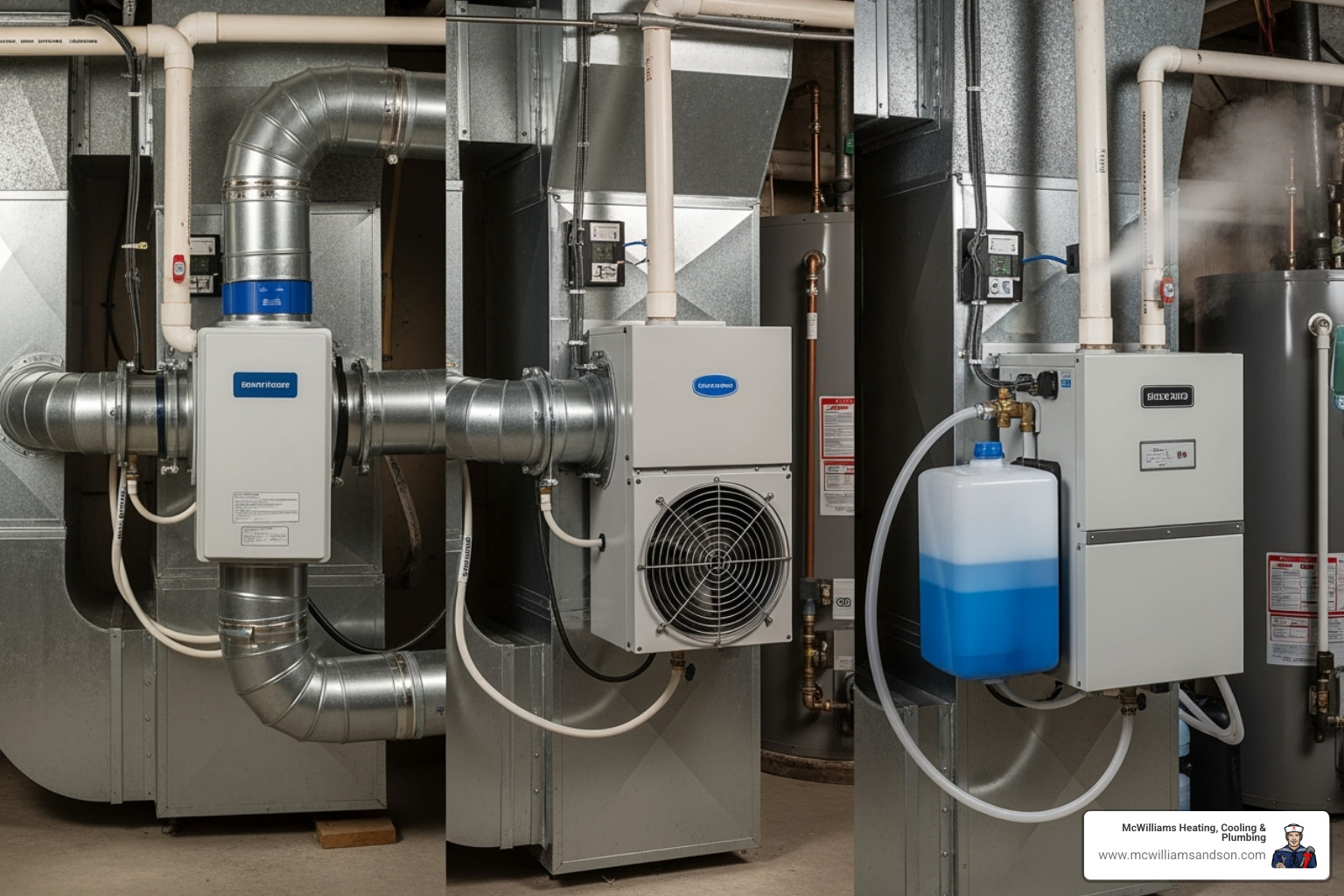 Image showing the three main types of whole-home humidifiers (bypass, fan-powered, steam) - humidifier installation nacogdoches Image showing the three main types of whole-home humidifiers (bypass, fan-powered, steam) - humidifier installation nacogdoches