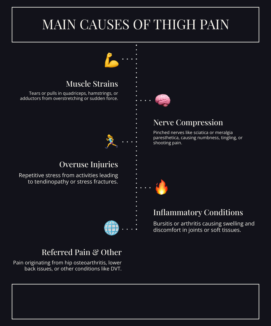 Infographic showing the main causes of thigh pain: muscle strains affecting quadriceps, hamstrings, and adductors; nerve compression including sciatica and meralgia paresthetica; overuse injuries from repetitive activities; and inflammatory conditions like bursitis and arthritis, with icons representing each cause and their typical pain locations on the thigh - thigh pain relief infographic infographic-line-5-steps-dark