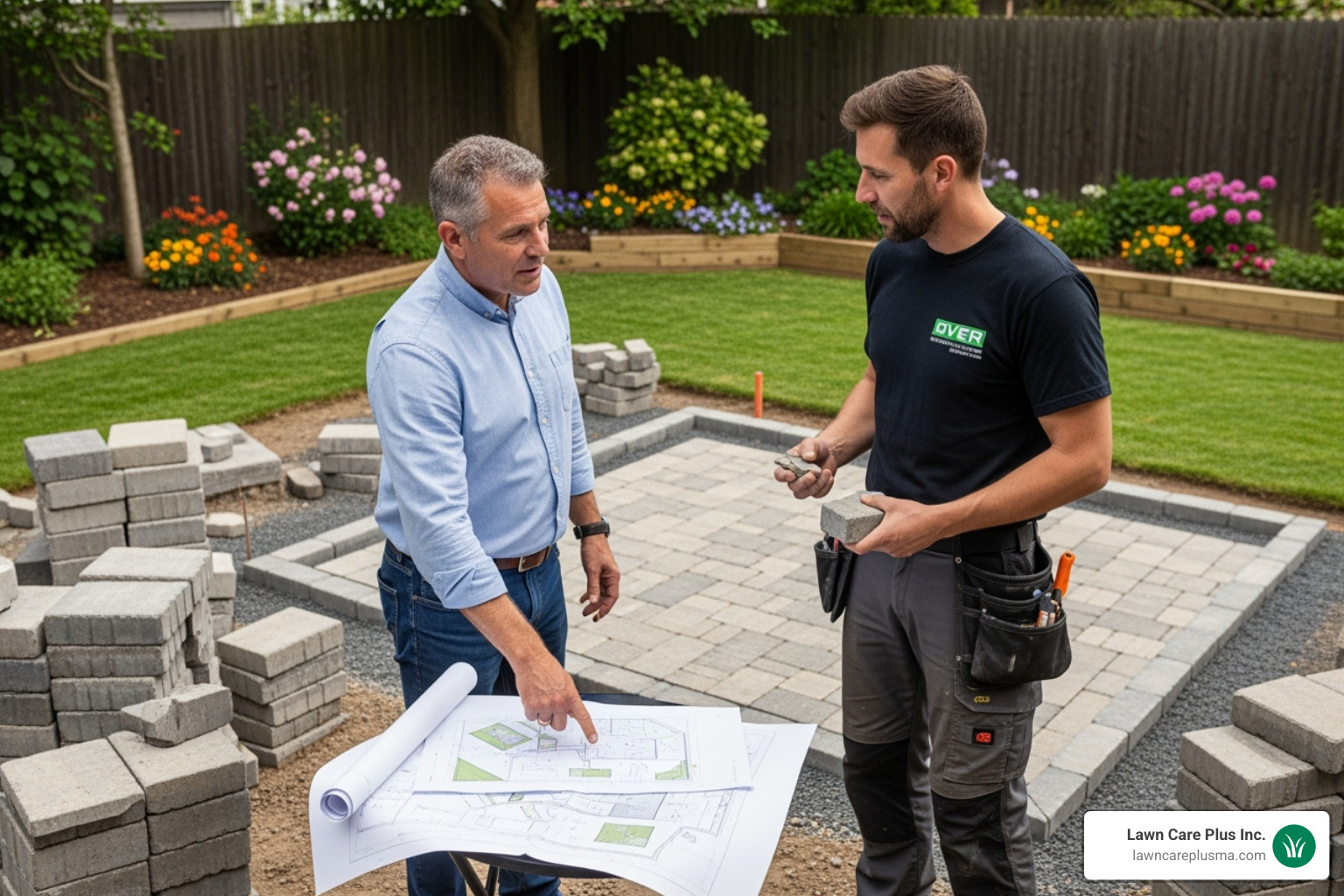 homeowner talking with a paver installer - patio pavers installers near me