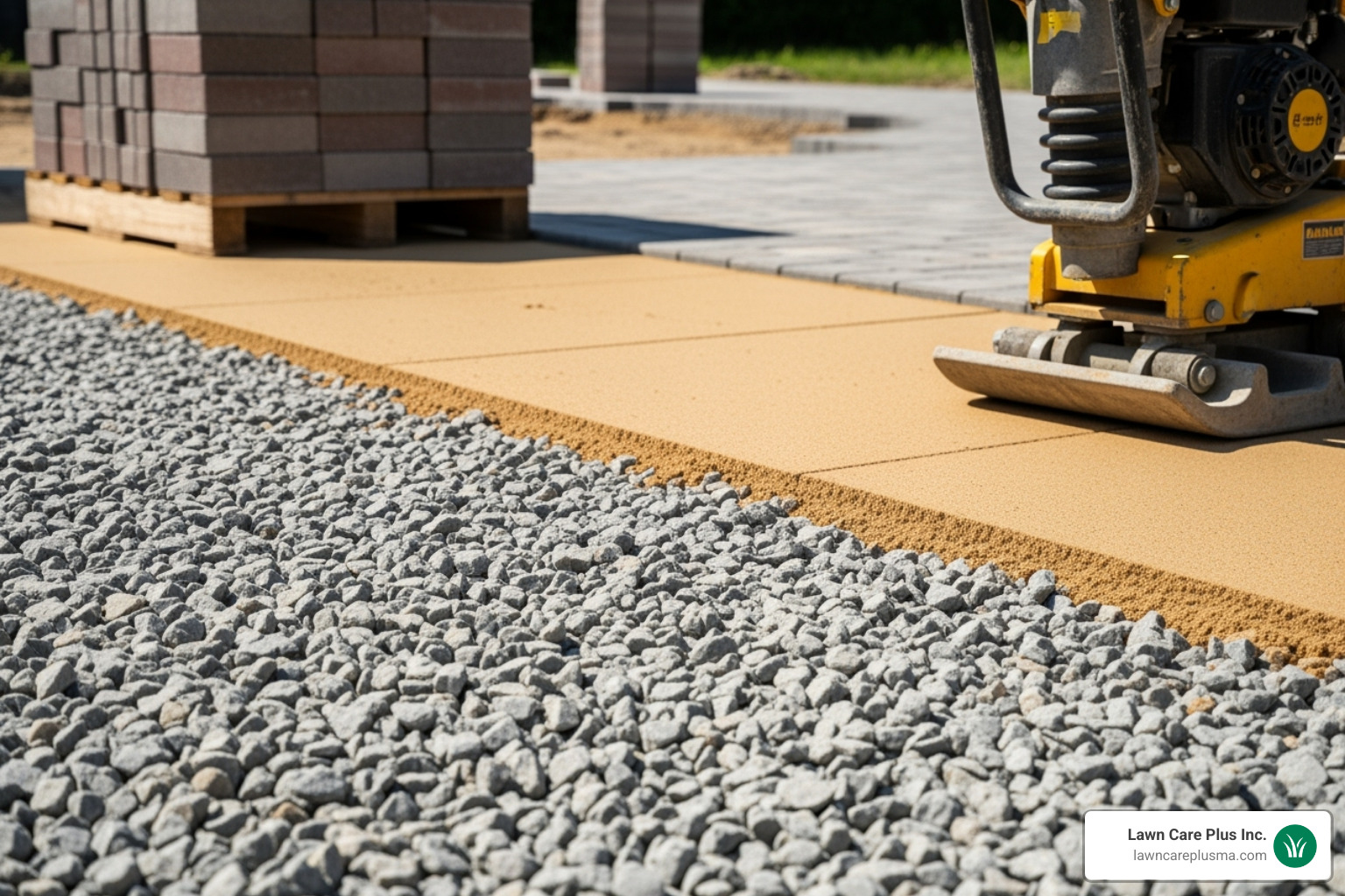 paver installation in progress, showing the base layer - patio pavers installers near me
