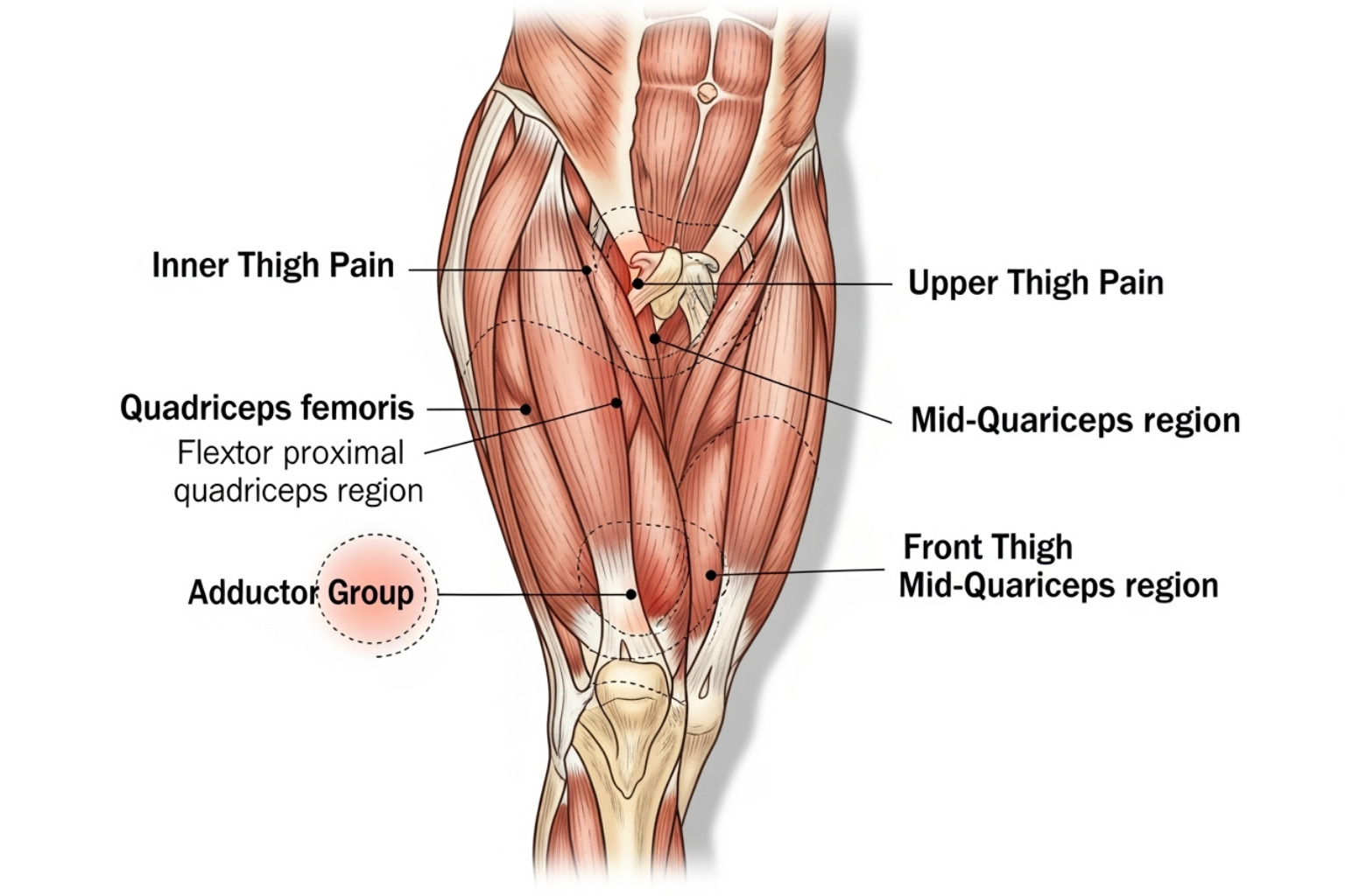 anatomical diagram highlighting different thigh pain locations (inner, upper, front, back) - thigh pain relief