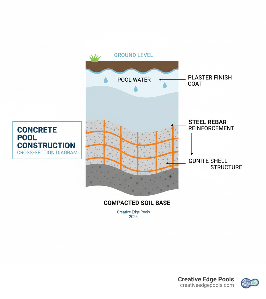 Detailed cross-section infographic showing the layers of a concrete pool construction from ground level down through steel rebar reinforcement, gunite shell structure, and final plaster finish coat - Concrete pool replastering infographic Detailed cross-section infographic showing the layers of a concrete pool construction from ground level down through steel rebar reinforcement, gunite shell structure, and final plaster finish coat - Concrete pool replastering infographic