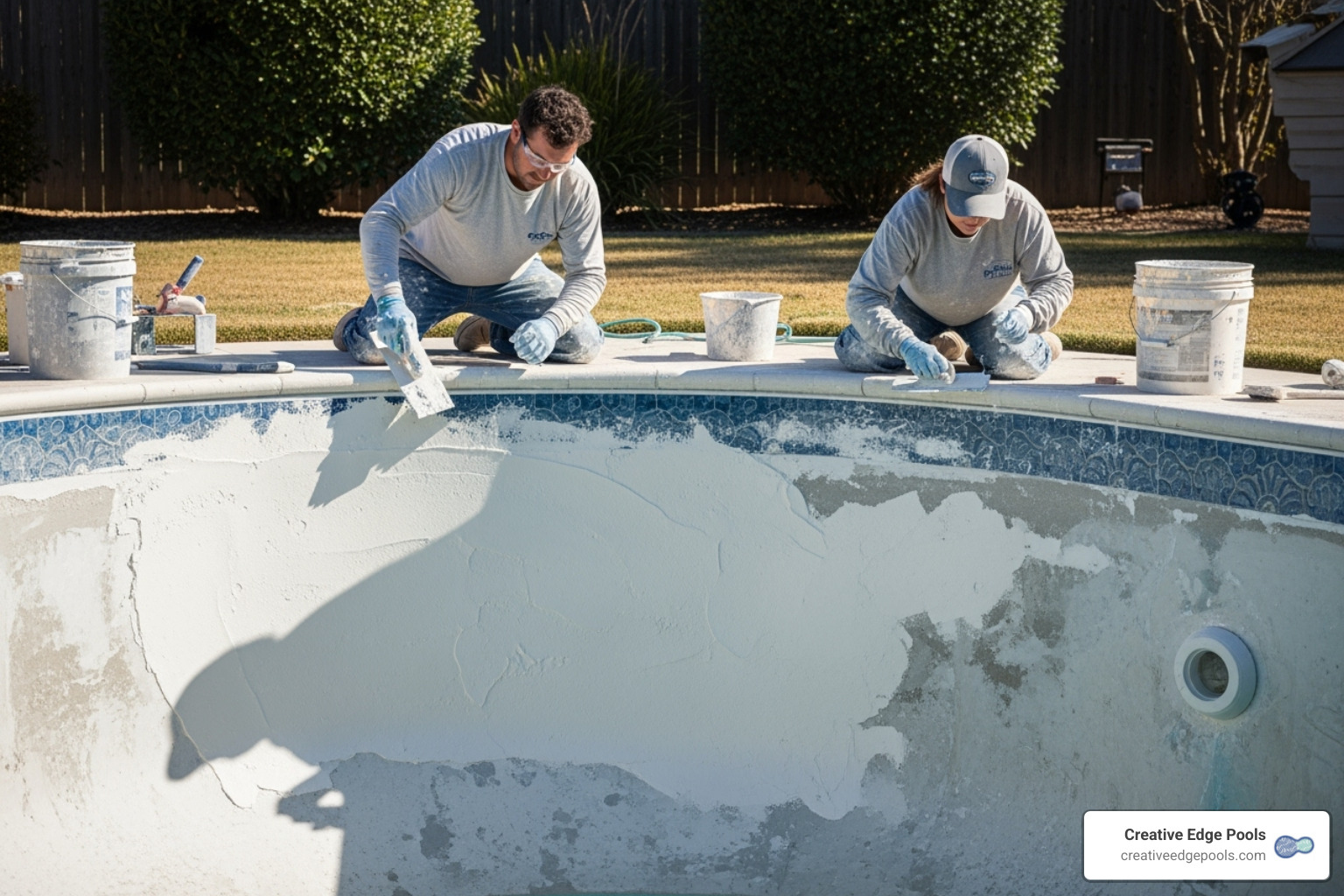Professionals expertly troweling new plaster onto a pool wall - Concrete pool replastering Professionals expertly troweling new plaster onto a pool wall - Concrete pool replastering
