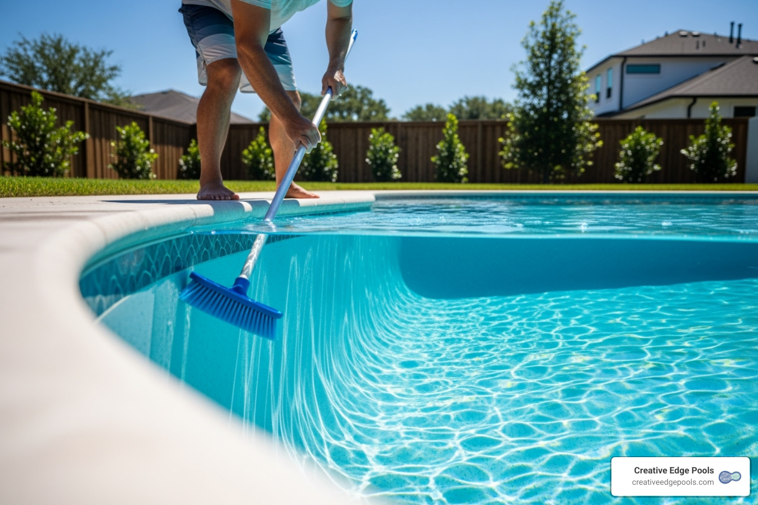 A pool brush being used on the wall of a newly filled, sparkling blue pool - Concrete pool replastering A pool brush being used on the wall of a newly filled, sparkling blue pool - Concrete pool replastering
