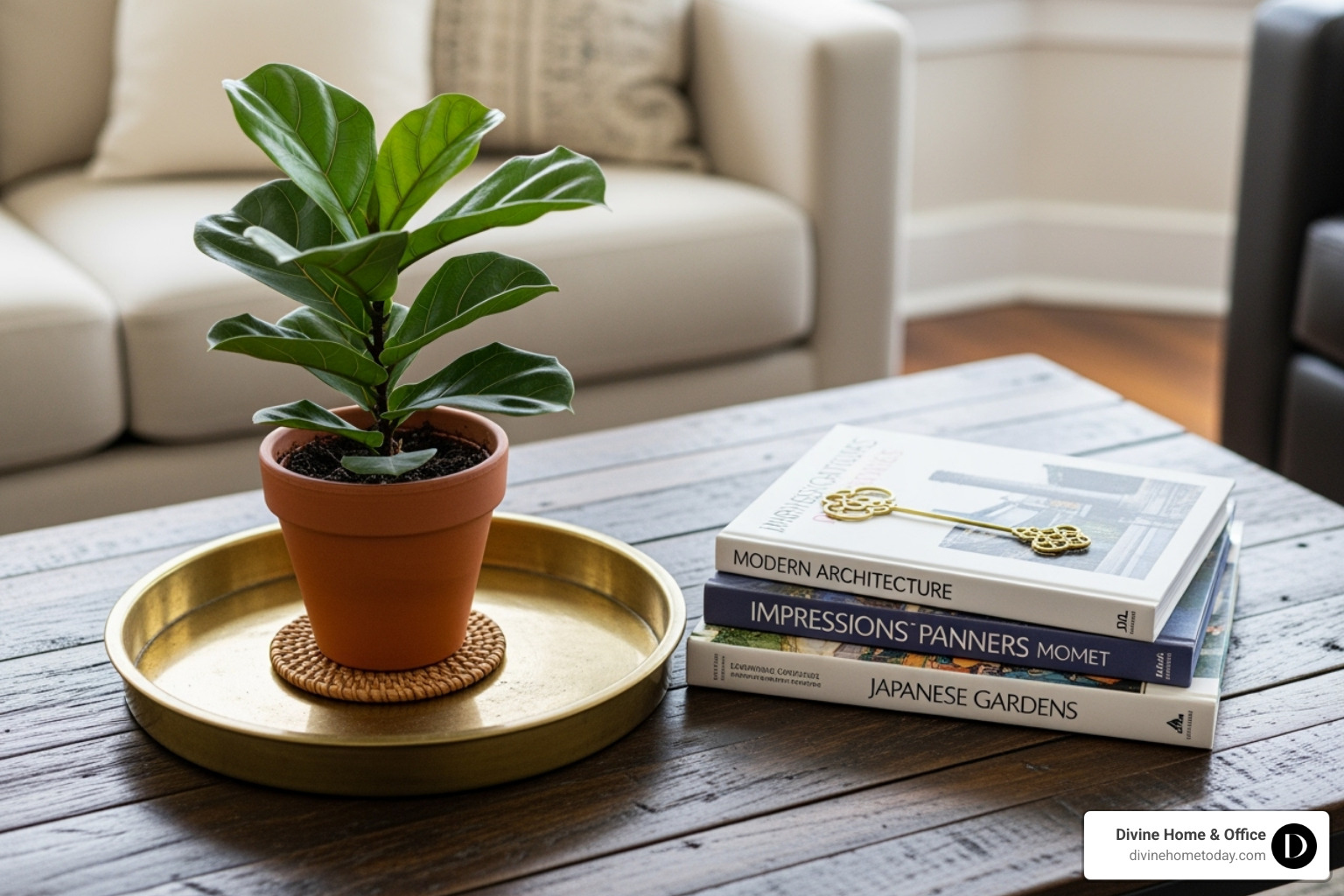 of a styled coffee table with a tray, a small plant, and a stack of books - living room staging of a styled coffee table with a tray, a small plant, and a stack of books - living room staging