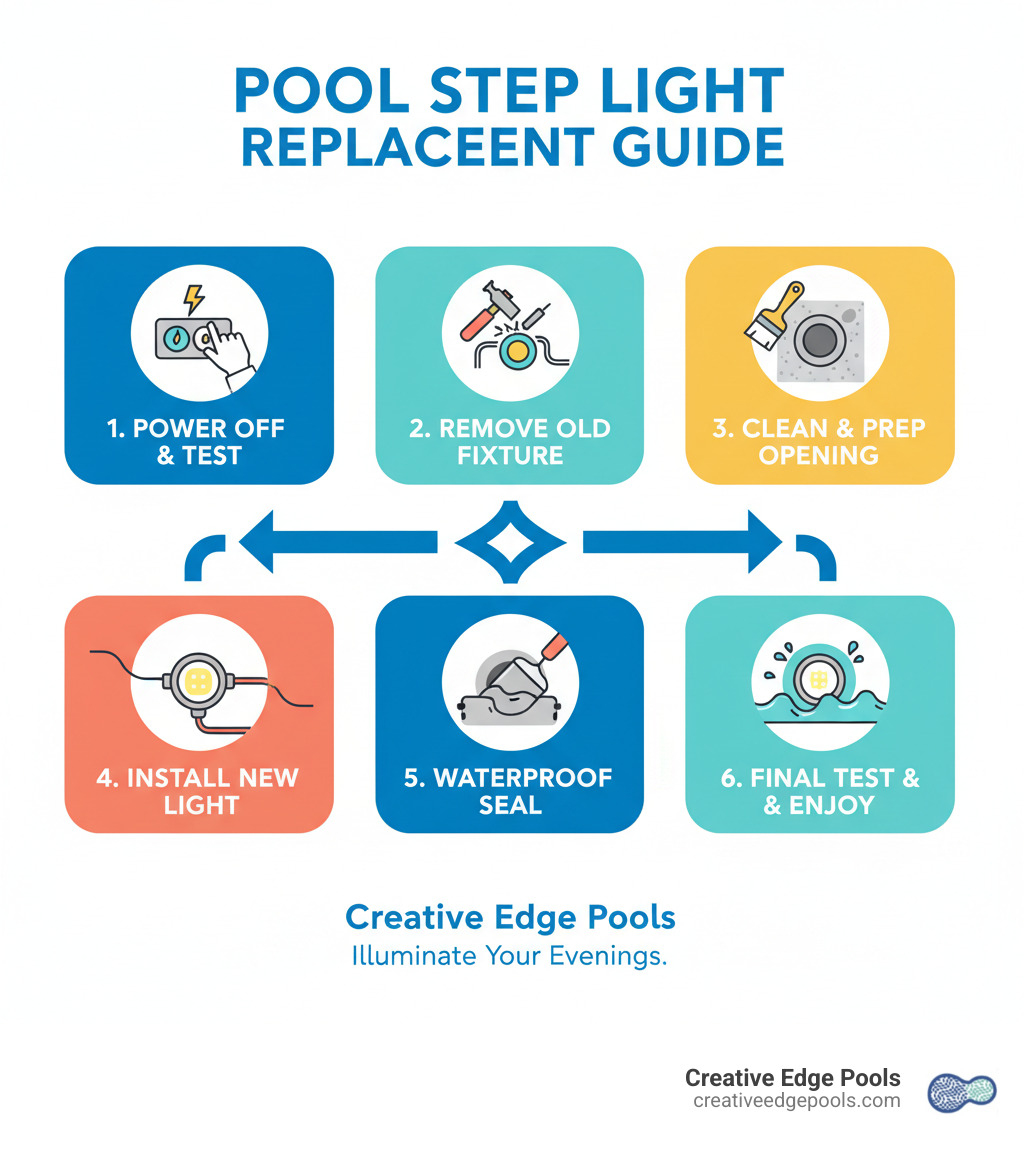 Detailed step-by-step process for replacing cement pool deck step lights, showing power shut-off, fixture removal, electrical connections, and waterproof sealing techniques - how to replace step lights in cement pool deck infographic Detailed step-by-step process for replacing cement pool deck step lights, showing power shut-off, fixture removal, electrical connections, and waterproof sealing techniques - how to replace step lights in cement pool deck infographic