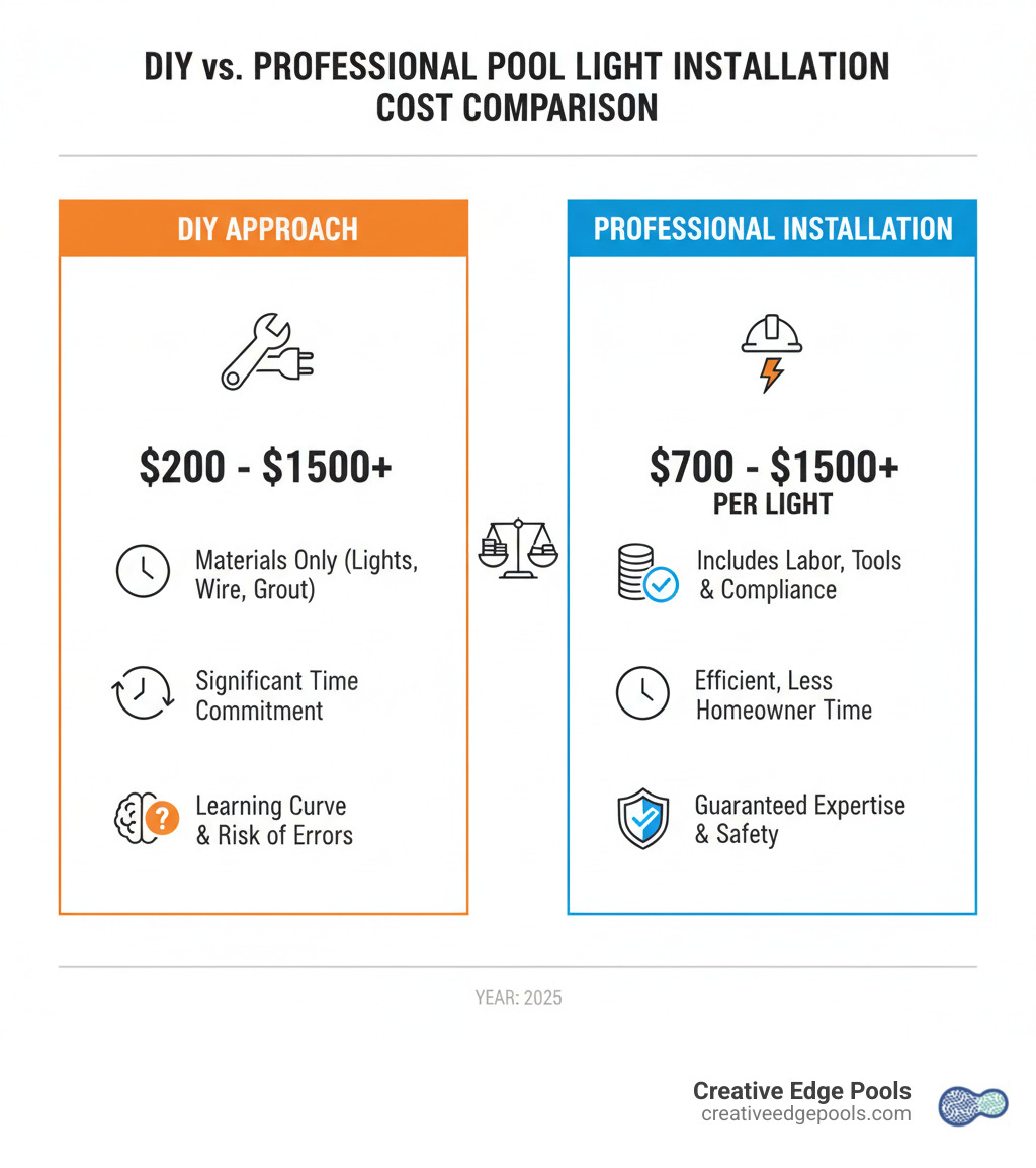 DIY vs. Professional Pool Light Installation Cost Comparison - how to replace step lights in cement pool deck infographic DIY vs. Professional Pool Light Installation Cost Comparison - how to replace step lights in cement pool deck infographic