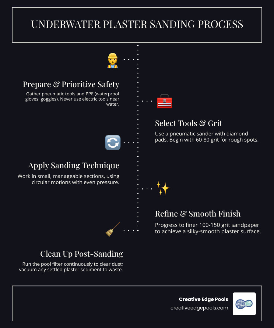 Infographic showing step-by-step process of sanding pool plaster underwater, including safety equipment needed, proper grit progression from coarse to fine sandpaper, circular sanding motion technique, and post-sanding cleanup steps with pool filtration - sanding pool plaster underwater infographic infographic-line-5-steps-dark Infographic showing step-by-step process of sanding pool plaster underwater, including safety equipment needed, proper grit progression from coarse to fine sandpaper, circular sanding motion technique, and post-sanding cleanup steps with pool filtration - sanding pool plaster underwater infographic infographic-line-5-steps-dark