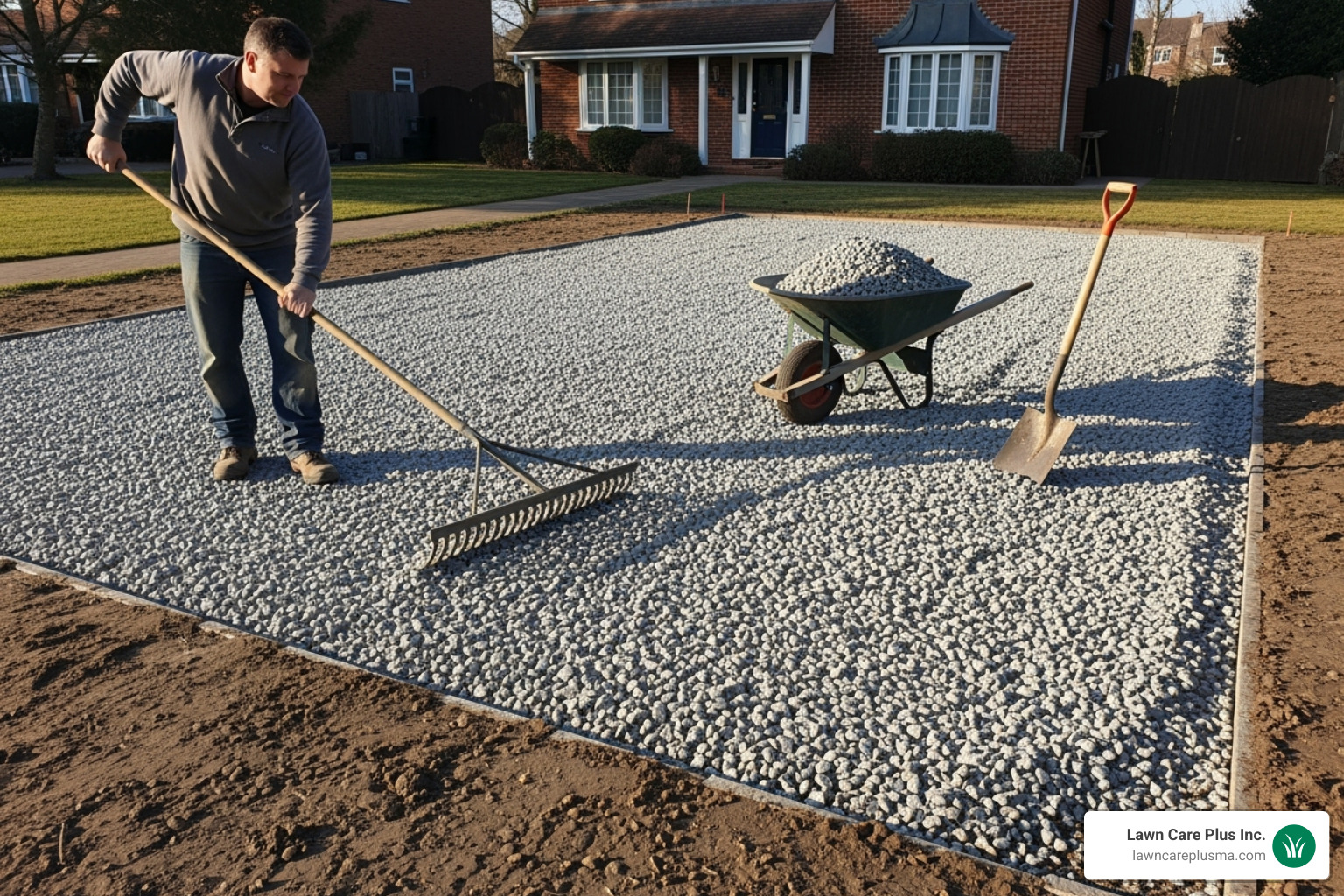 A homeowner spreading gravel evenly across a newly prepared driveway base with a rake - cheapest way to replace driveway