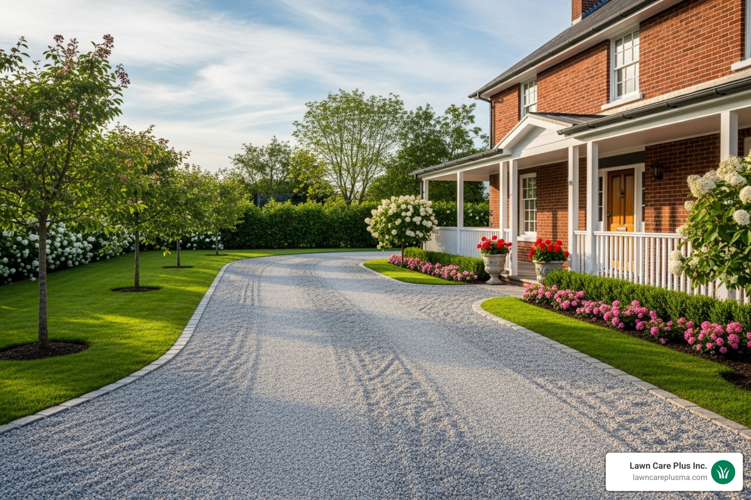 A well-maintained gravel driveway with crisp edges, leading to a charming home - cheapest way to replace driveway