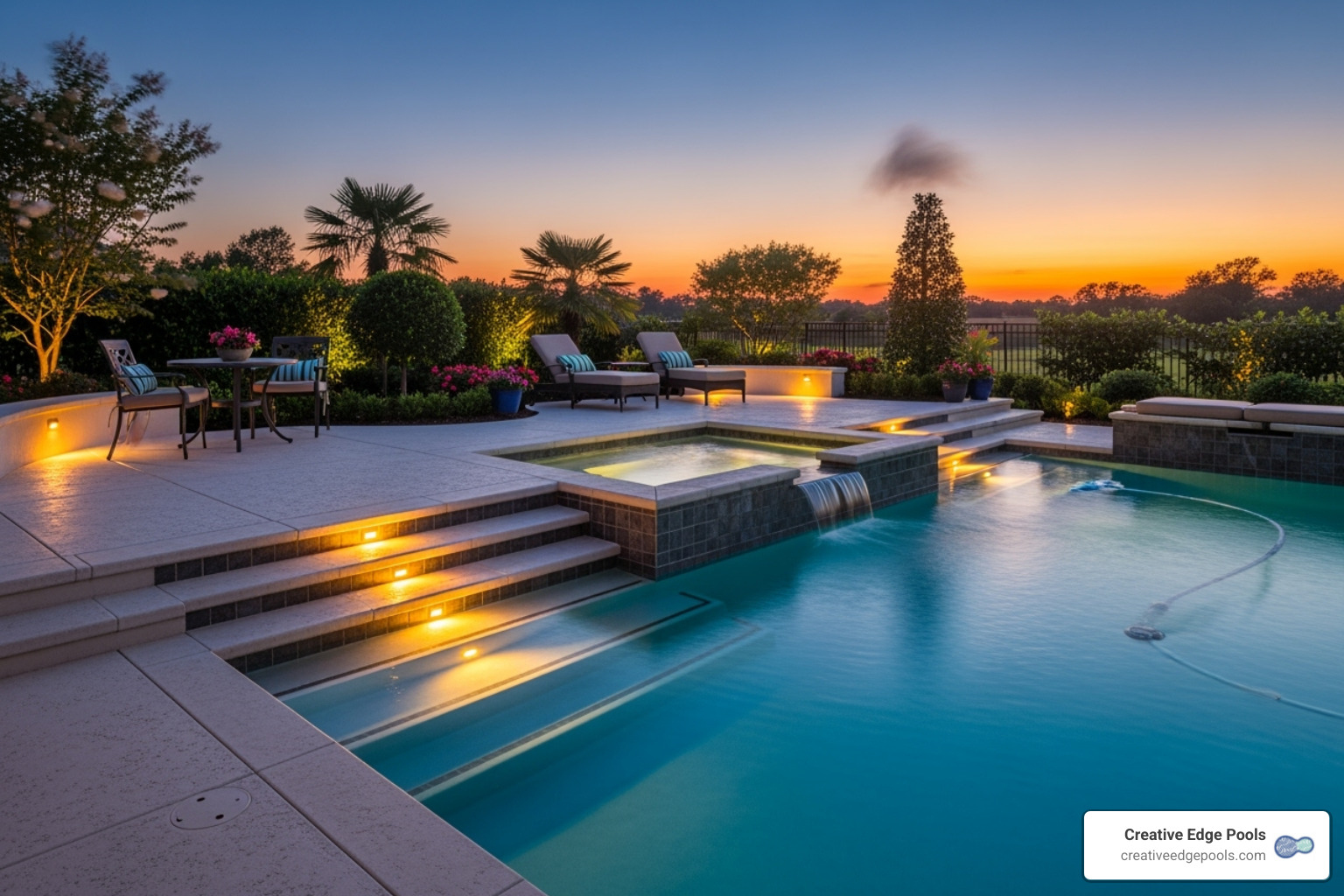 beautifully lit gunite pool deck with glowing step lights at dusk - how to replace step lights in cement pool deck beautifully lit gunite pool deck with glowing step lights at dusk - how to replace step lights in cement pool deck