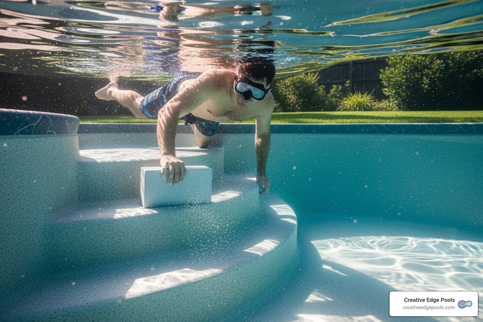 A person using a rubbing brick to sand a gunite pool step underwater, demonstrating proper technique in a residential backyard pool - sanding pool plaster underwater A person using a rubbing brick to sand a gunite pool step underwater, demonstrating proper technique in a residential backyard pool - sanding pool plaster underwater