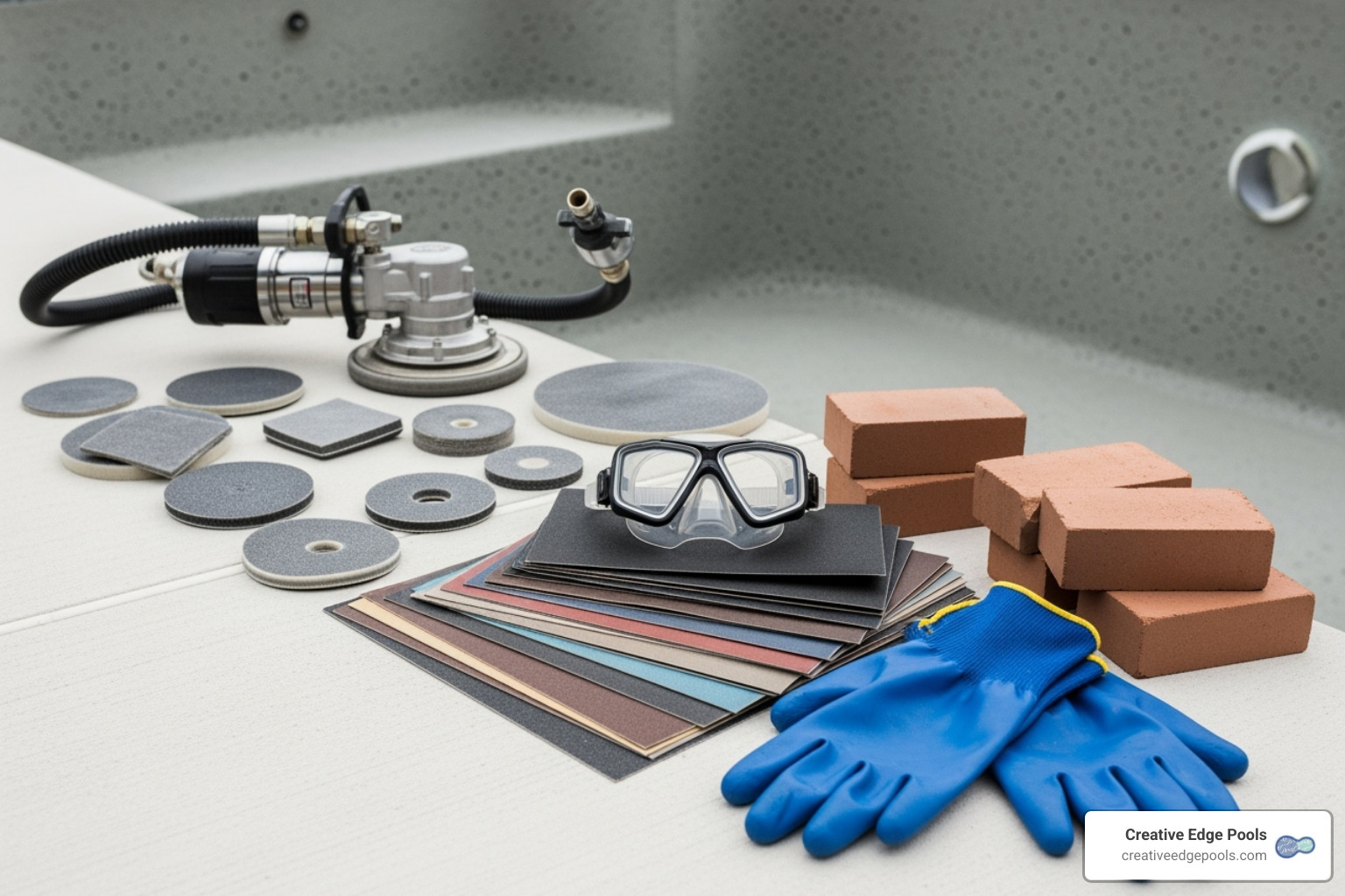A complete underwater sanding toolkit laid out by a gunite pool, featuring a pneumatic sander, various diamond pads, wet/dry sandpaper, rubbing bricks, goggles, and waterproof gloves - sanding pool plaster underwater A complete underwater sanding toolkit laid out by a gunite pool, featuring a pneumatic sander, various diamond pads, wet/dry sandpaper, rubbing bricks, goggles, and waterproof gloves - sanding pool plaster underwater