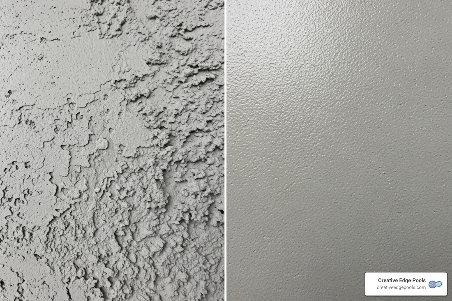 Before and after comparison of a rough gunite pool plaster spot and a sanded smooth spot, highlighting the improvement in texture and appearance - sanding pool plaster underwater Before and after comparison of a rough gunite pool plaster spot and a sanded smooth spot, highlighting the improvement in texture and appearance - sanding pool plaster underwater