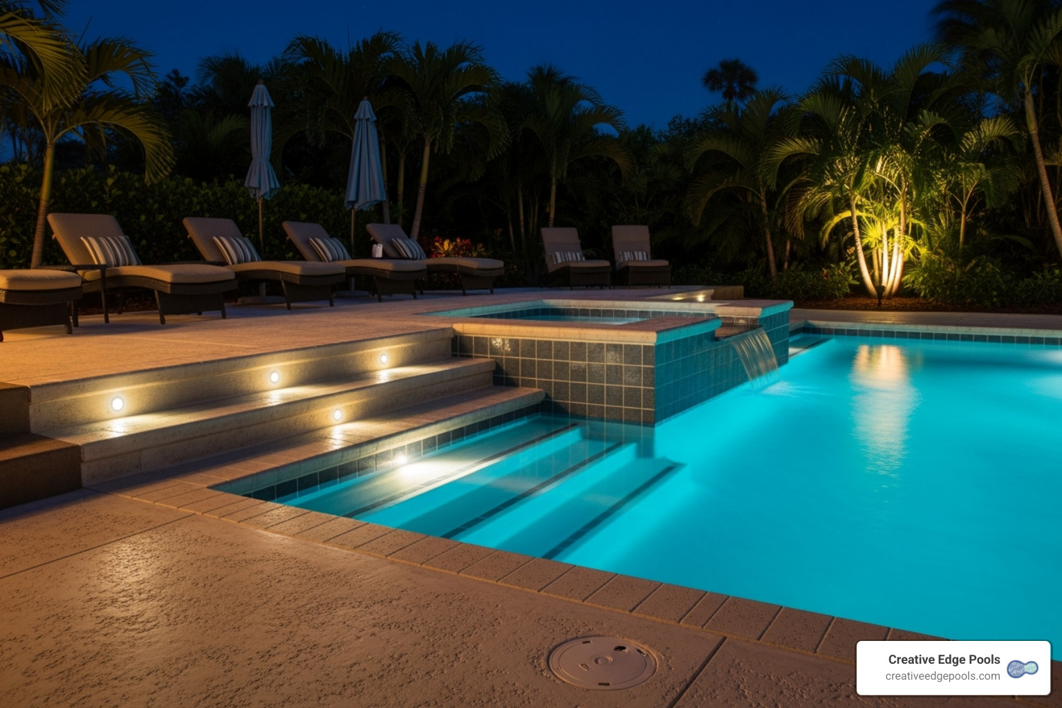 finished gunite pool deck with new bright LED step lights illuminating concrete steps - how to replace step lights in cement pool deck finished gunite pool deck with new bright LED step lights illuminating concrete steps - how to replace step lights in cement pool deck