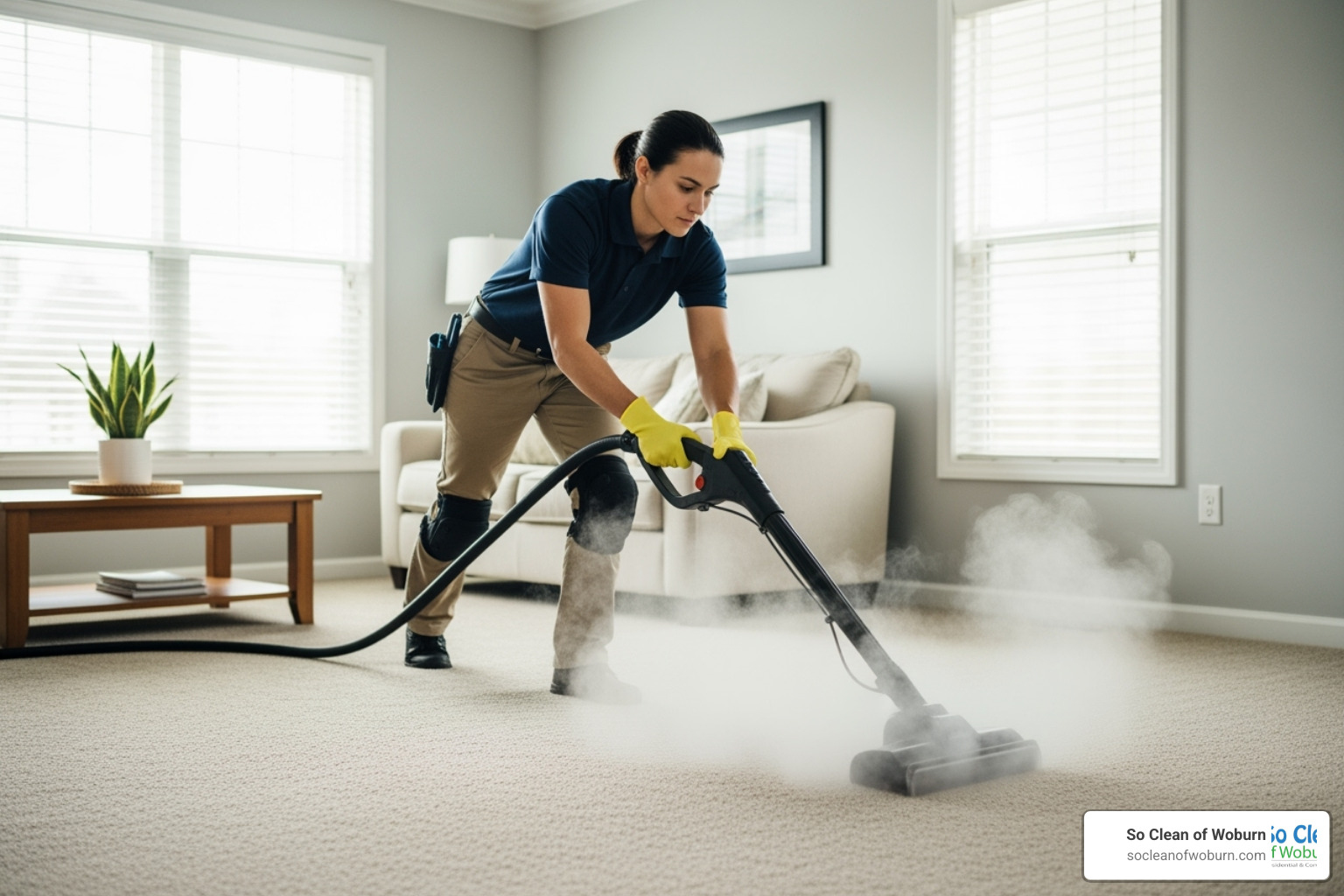 professional cleaner with carpet steamer - end of lease cleaning