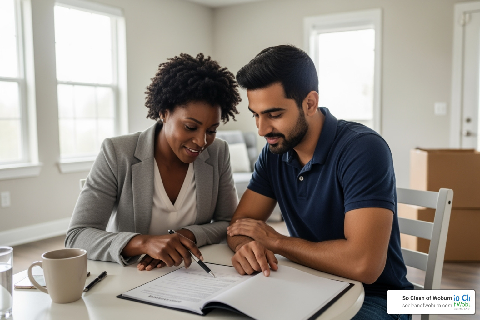 landlord and tenant reviewing a checklist - end of lease cleaning