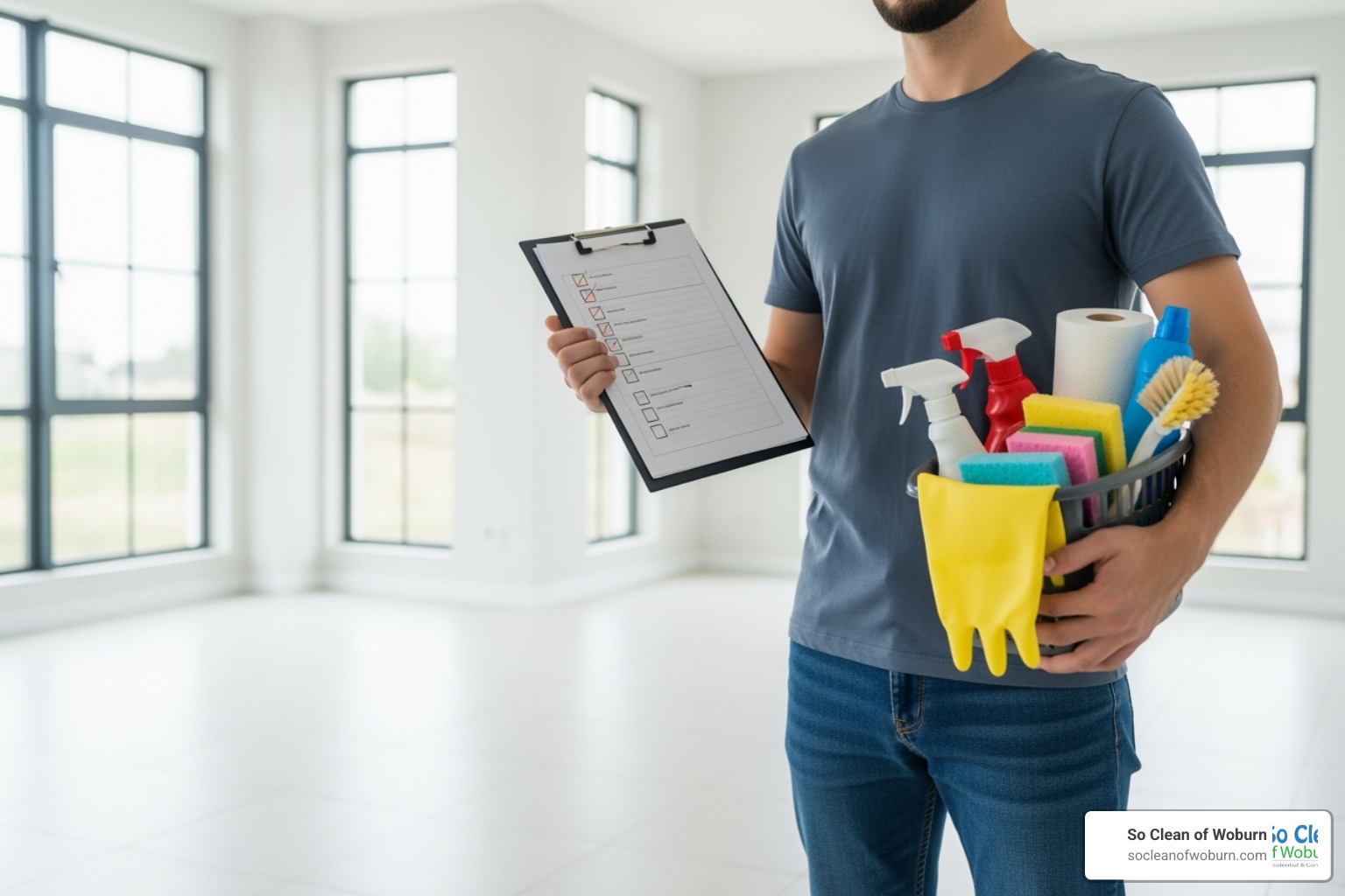 person with cleaning supplies and checklist - end of lease cleaning