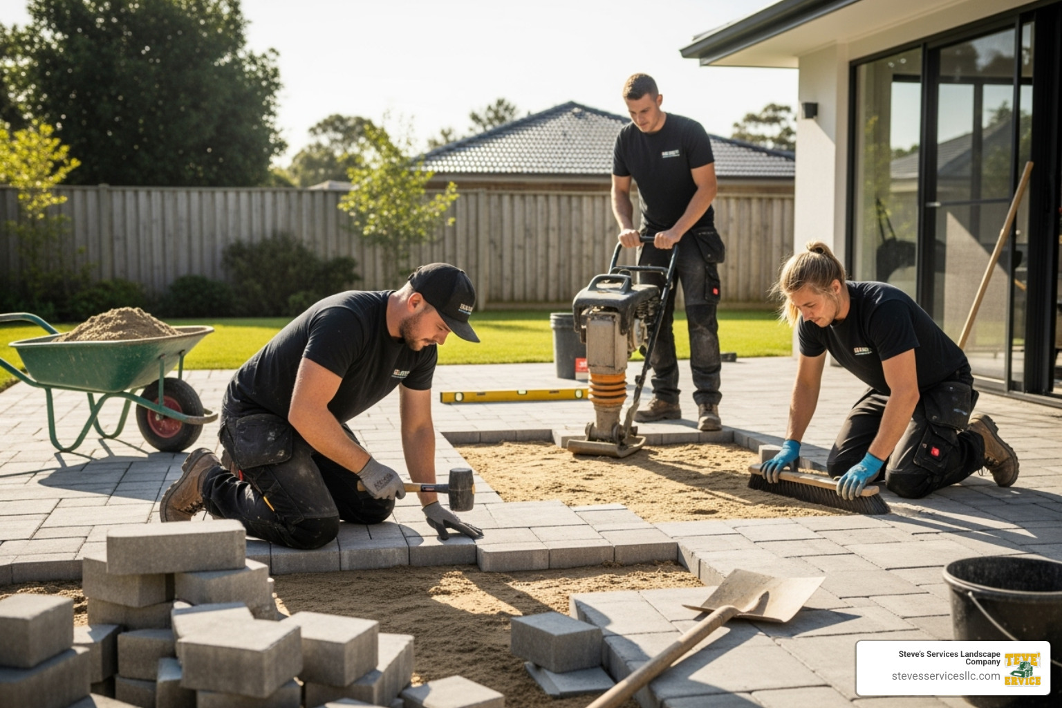 professional landscaping team carefully laying patio pavers - Patio contractor Burlington MA professional landscaping team carefully laying patio pavers - Patio contractor Burlington MA
