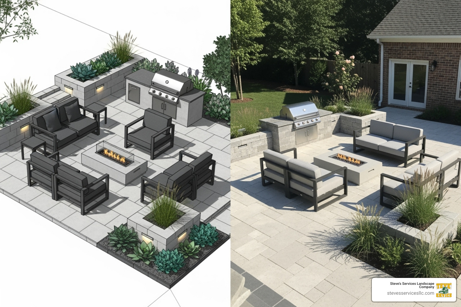 3D CAD rendering of a patio design next to the finished product - Patio contractor Burlington MA 3D CAD rendering of a patio design next to the finished product - Patio contractor Burlington MA