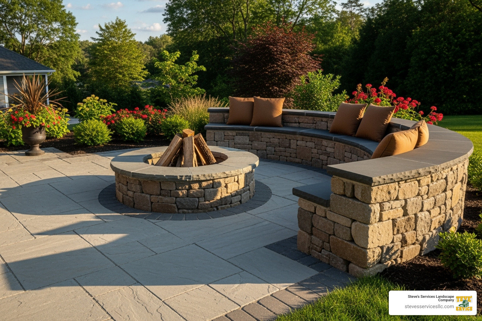 neat patio featuring a built-in stone fire pit and a curved seating wall - Patio contractor Burlington MA neat patio featuring a built-in stone fire pit and a curved seating wall - Patio contractor Burlington MA